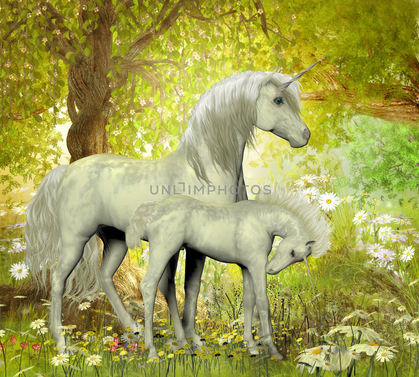 A white unicorn mother brings up her foal in a magical forest full of spring flowers.