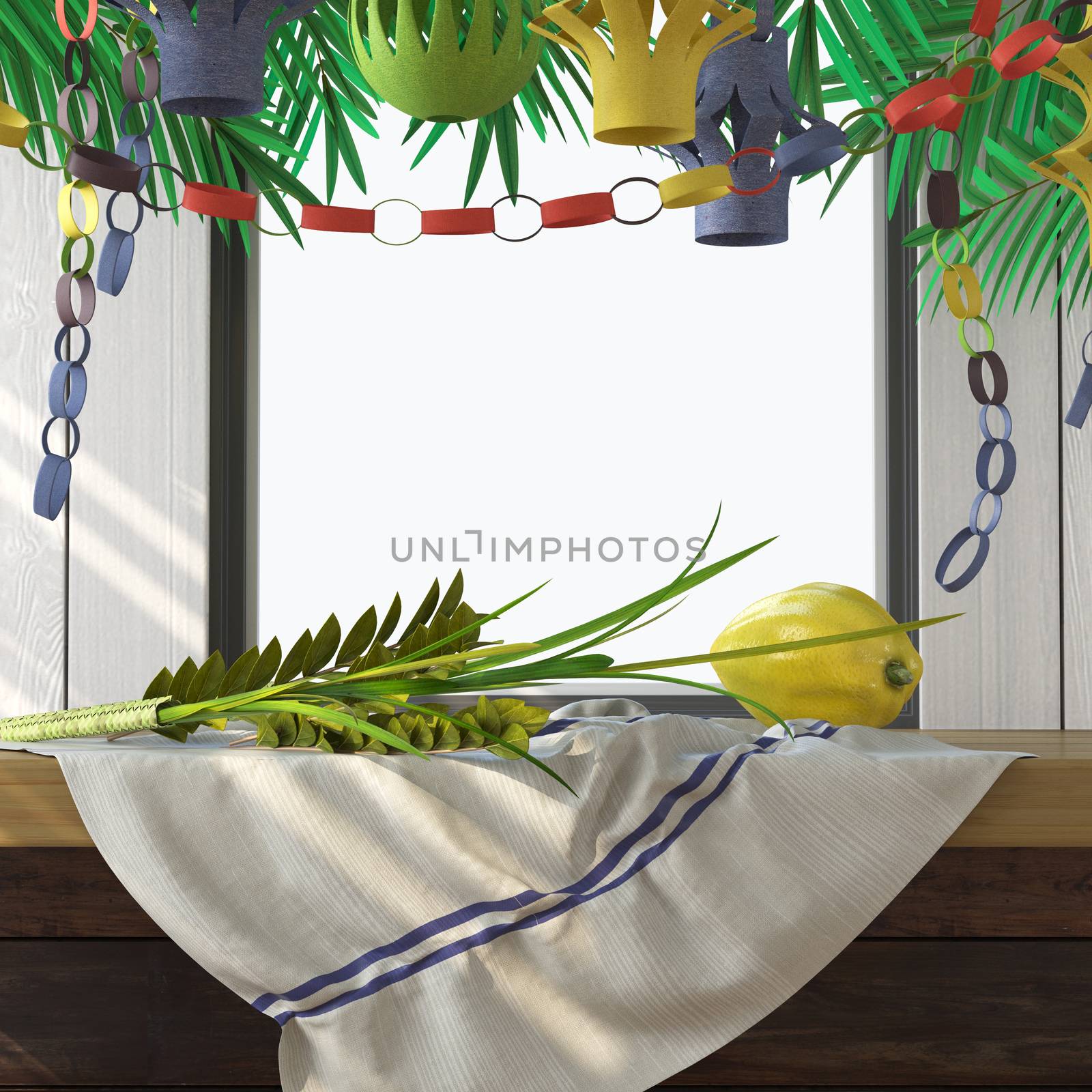 Symbols of the Jewish holiday Sukkot with palm leaves by denisgo