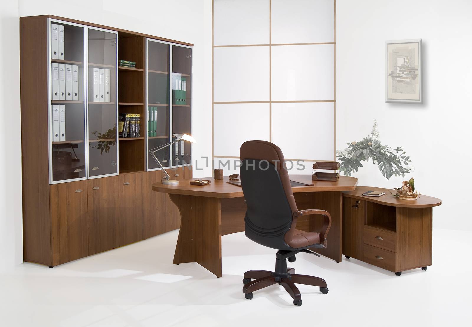 Set of office furniture on isolated studio background