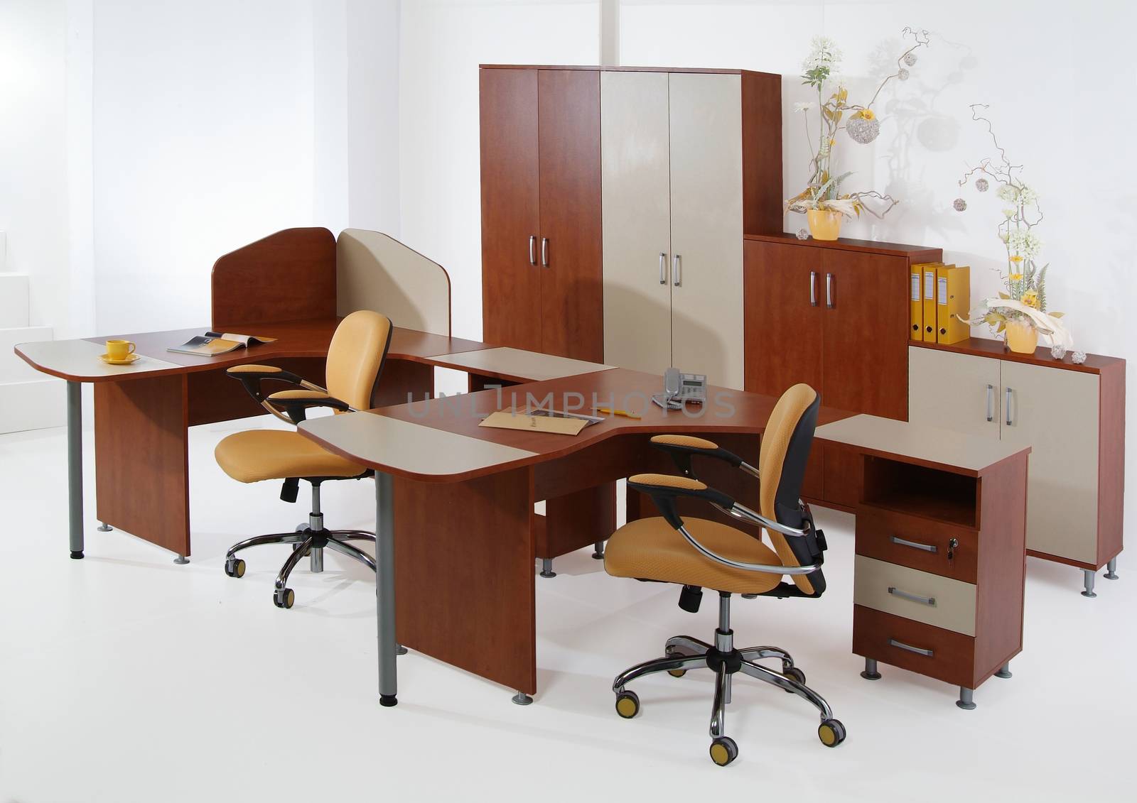 Set of office furniture on isolated studio background