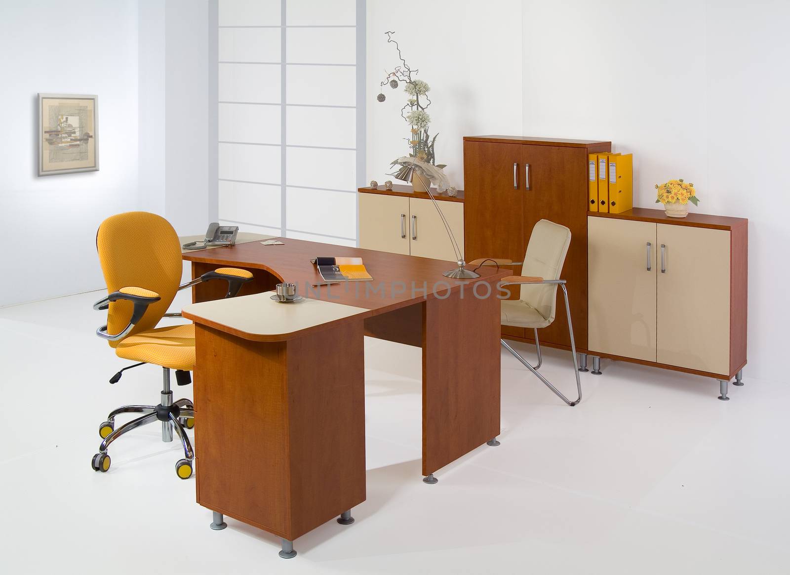 Set of office furniture on isolated studio background