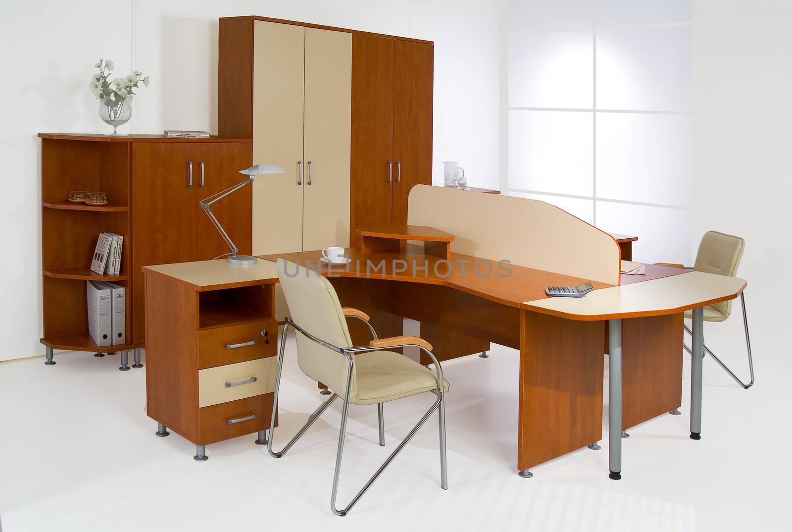 Set of office furniture on isolated studio background