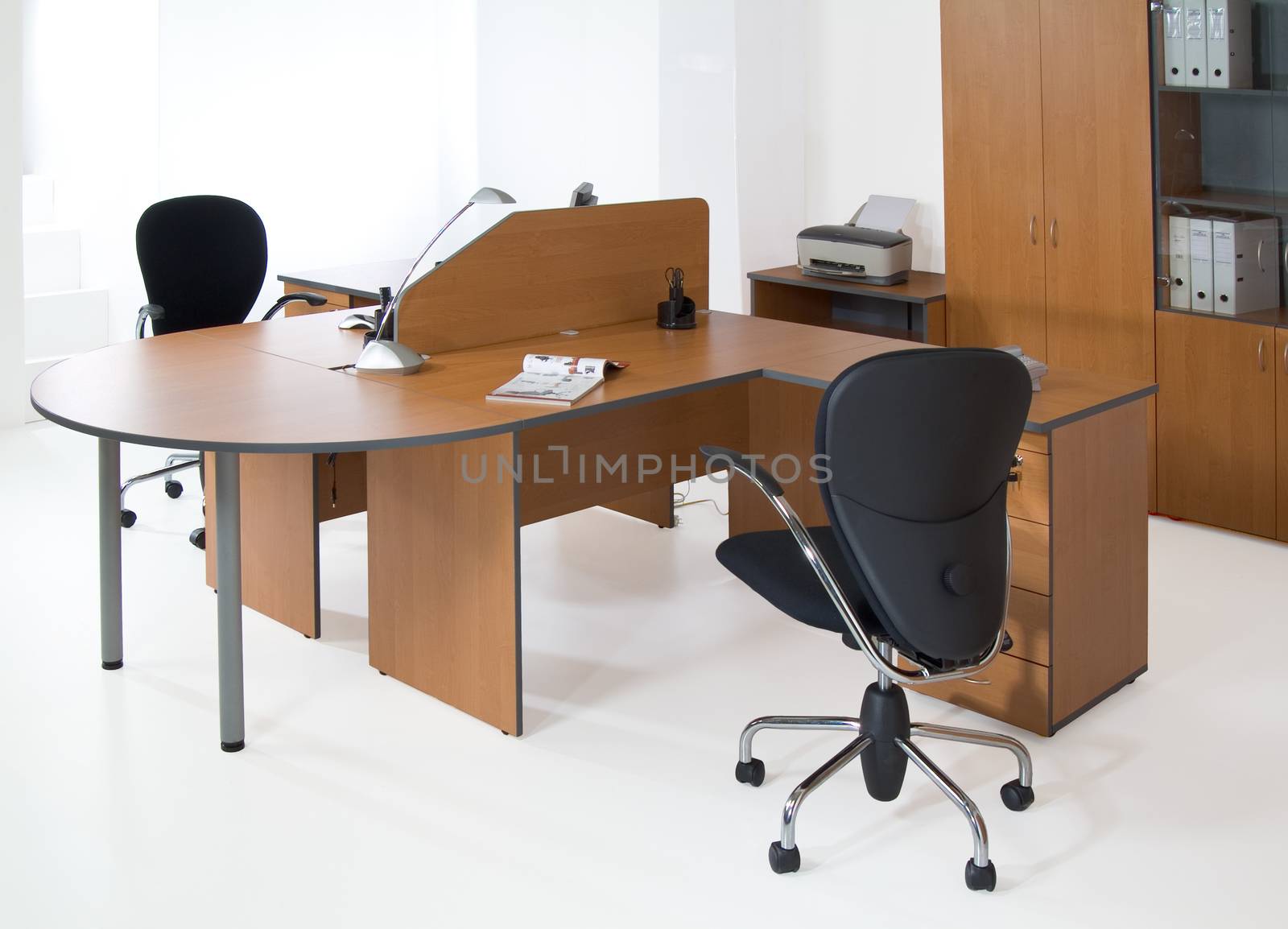 Set of office furniture on isolated studio background