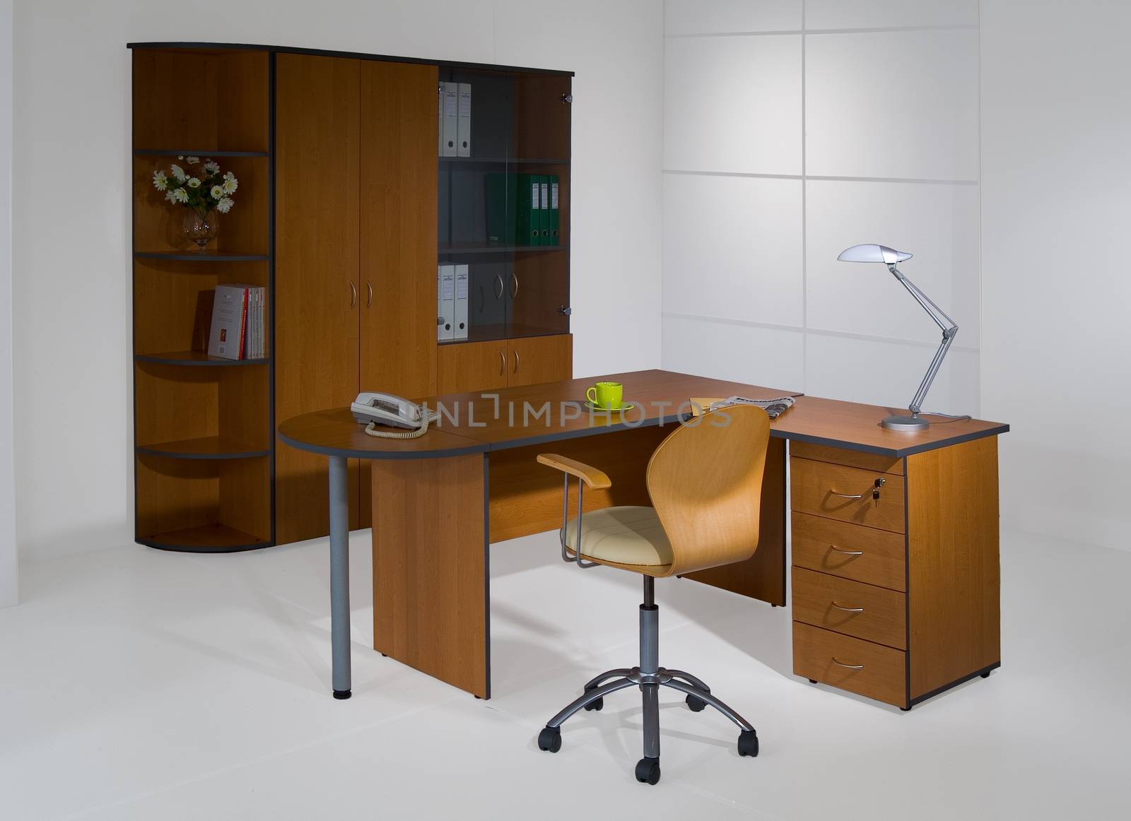 Set of office furniture on isolated studio background