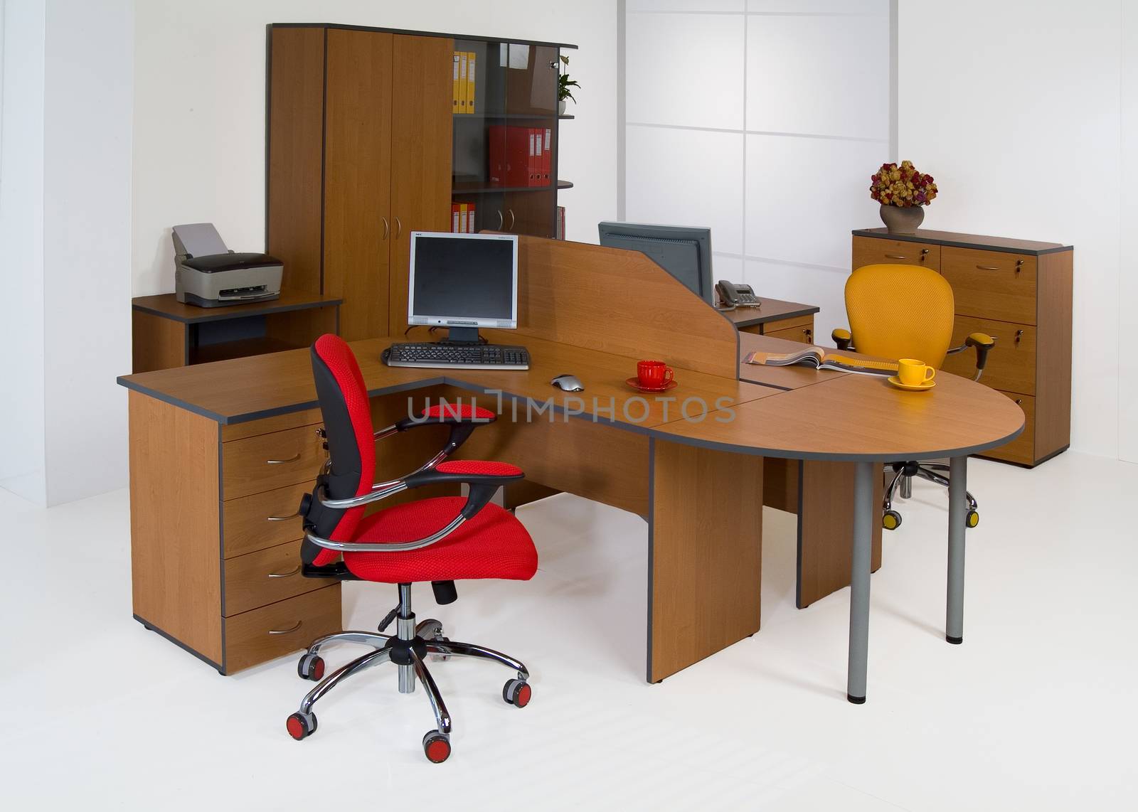 Set of office furniture on isolated studio background