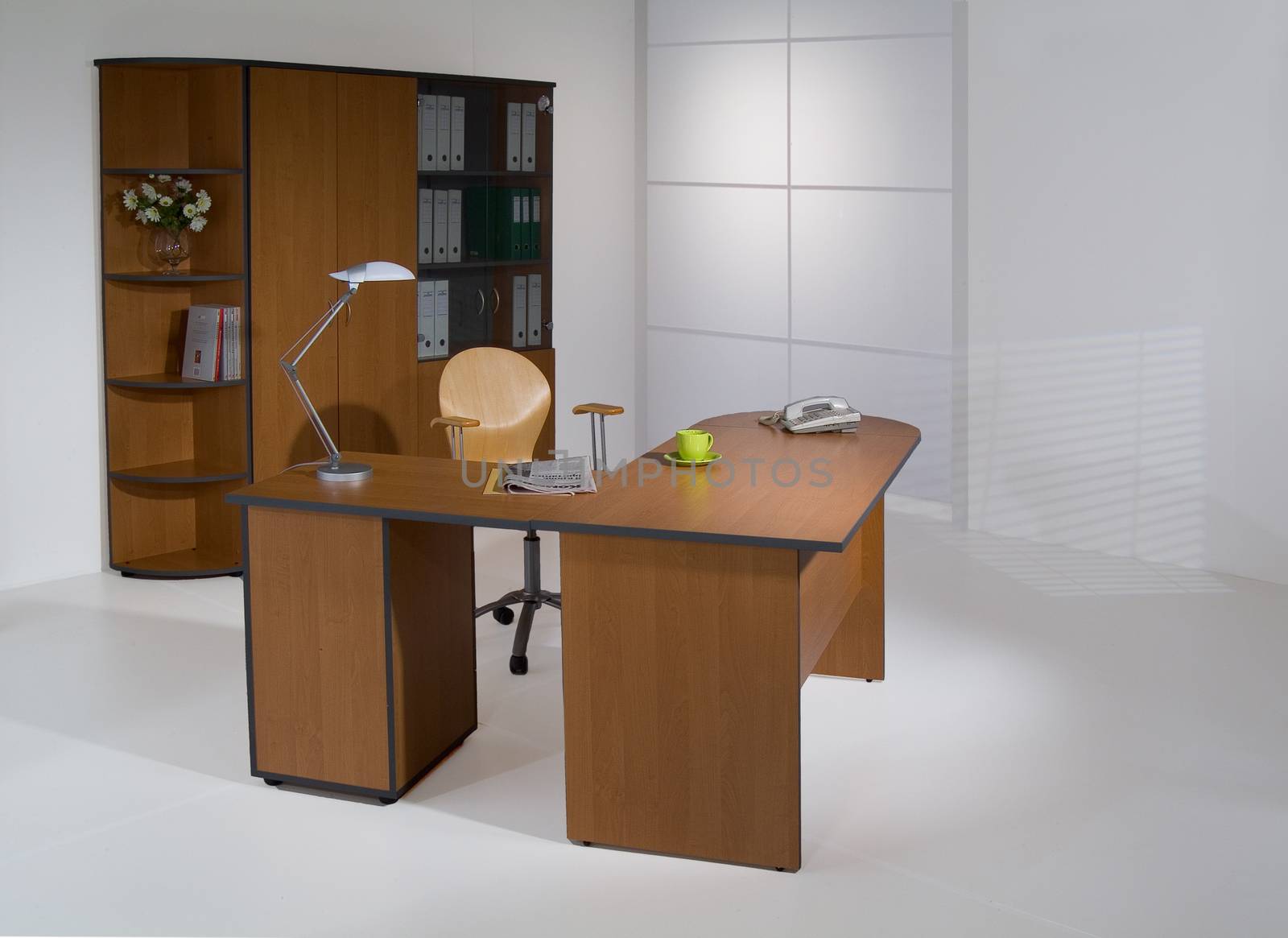 Set of office furniture on isolated studio background