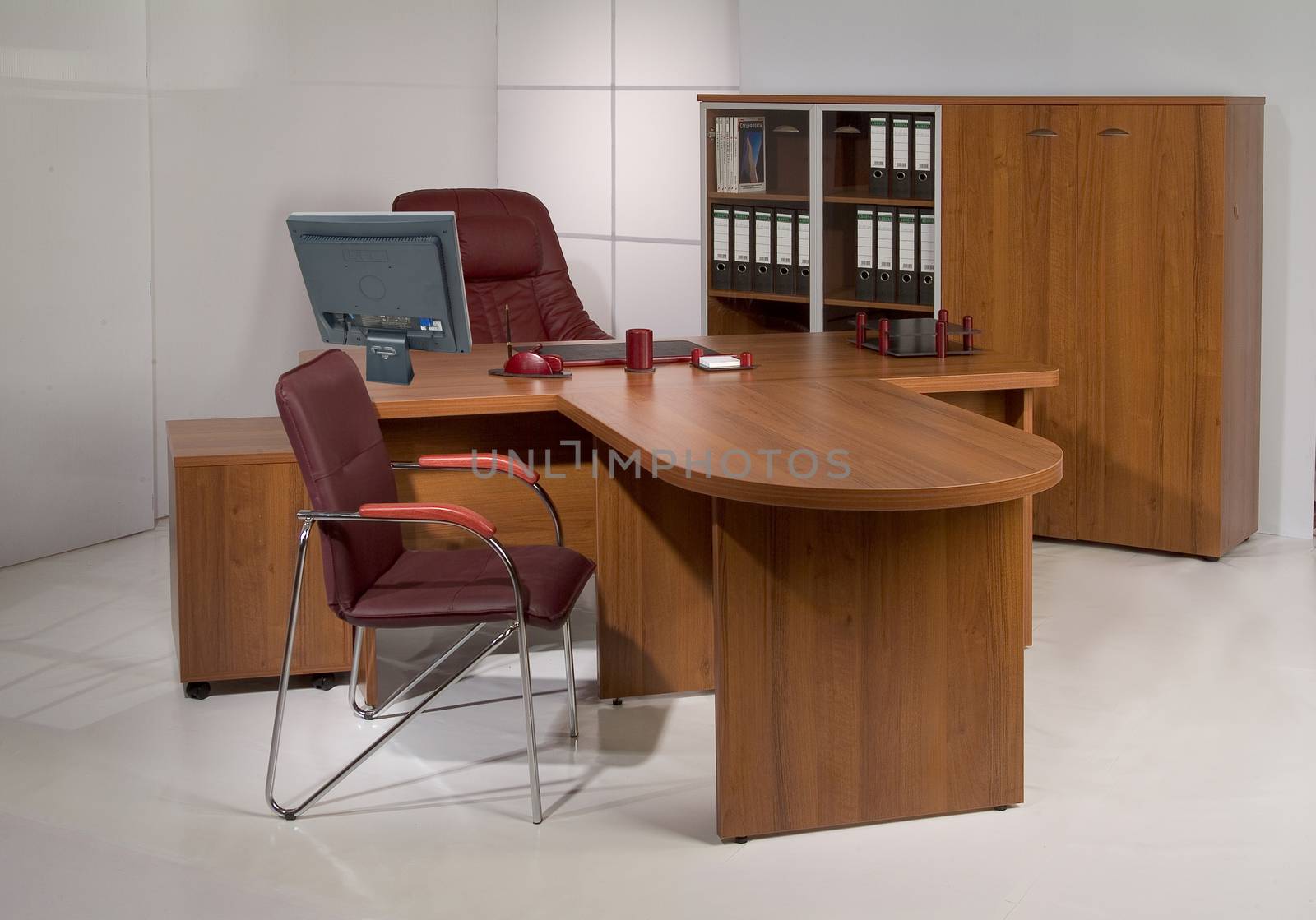 Set of office furniture on isolated studio background