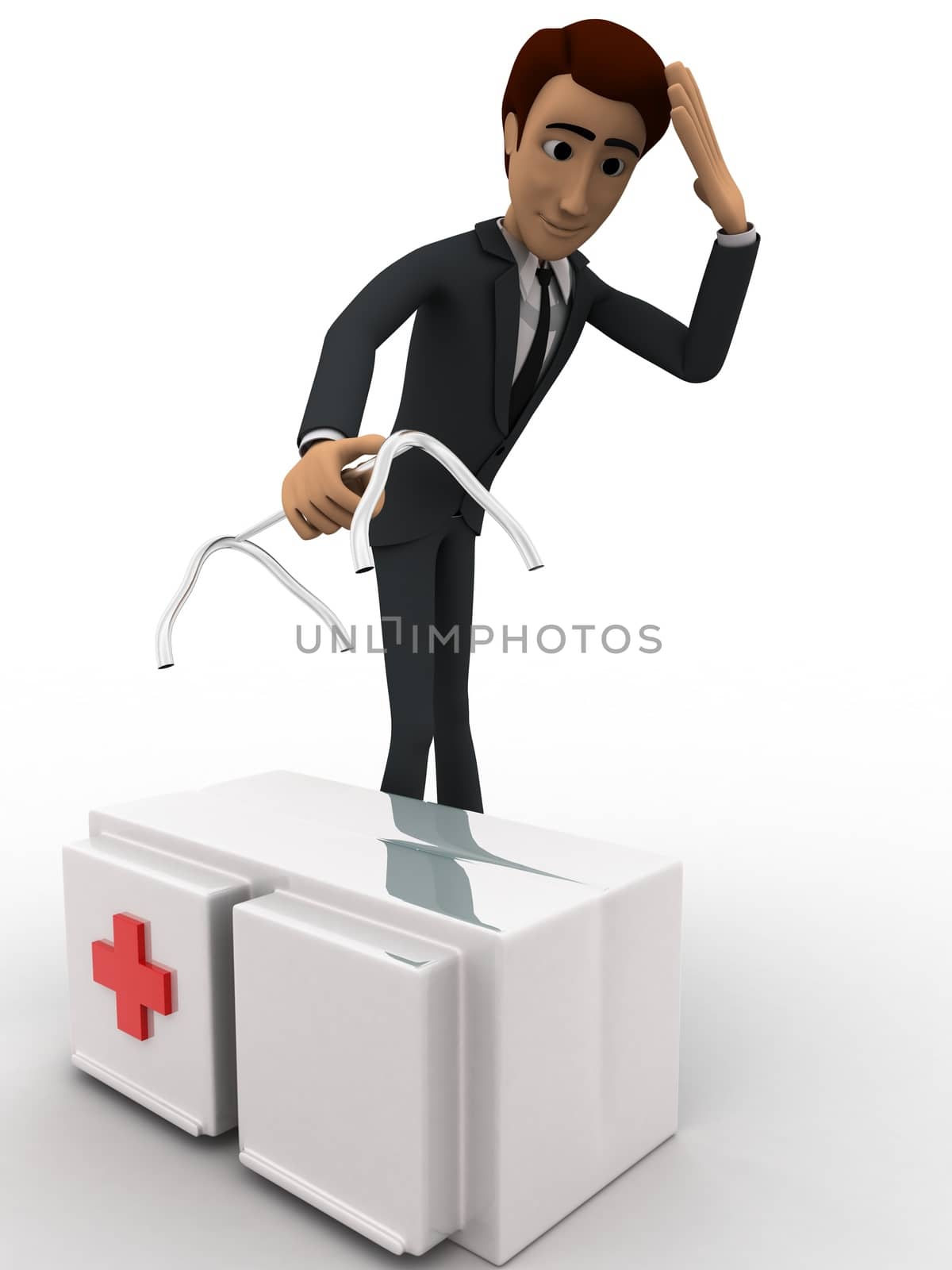 3d man worried about broken medical kit bag handle concept on white background,  front angle view