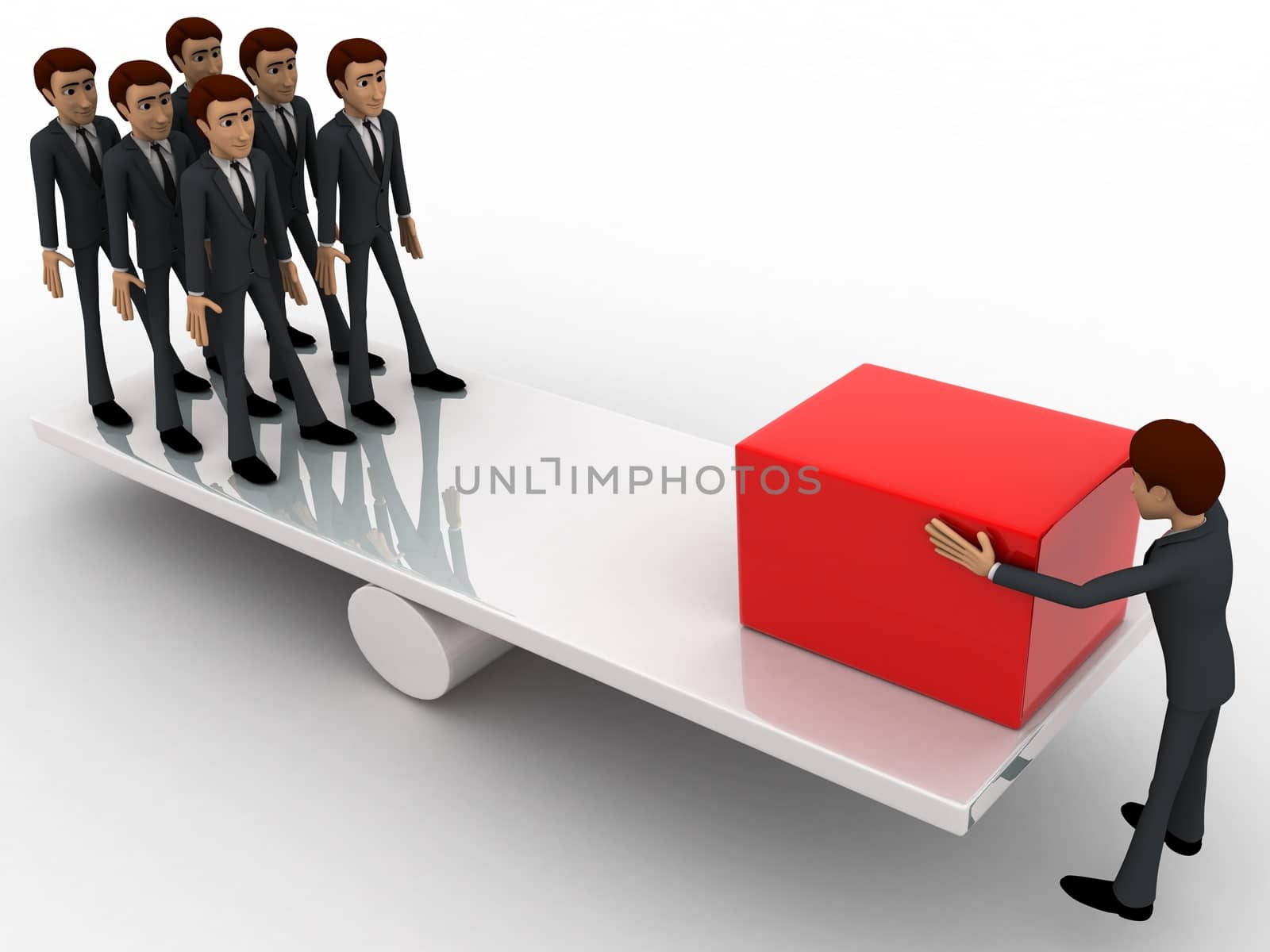 3d man balancing weight on seesaw concept on white background, front angle view