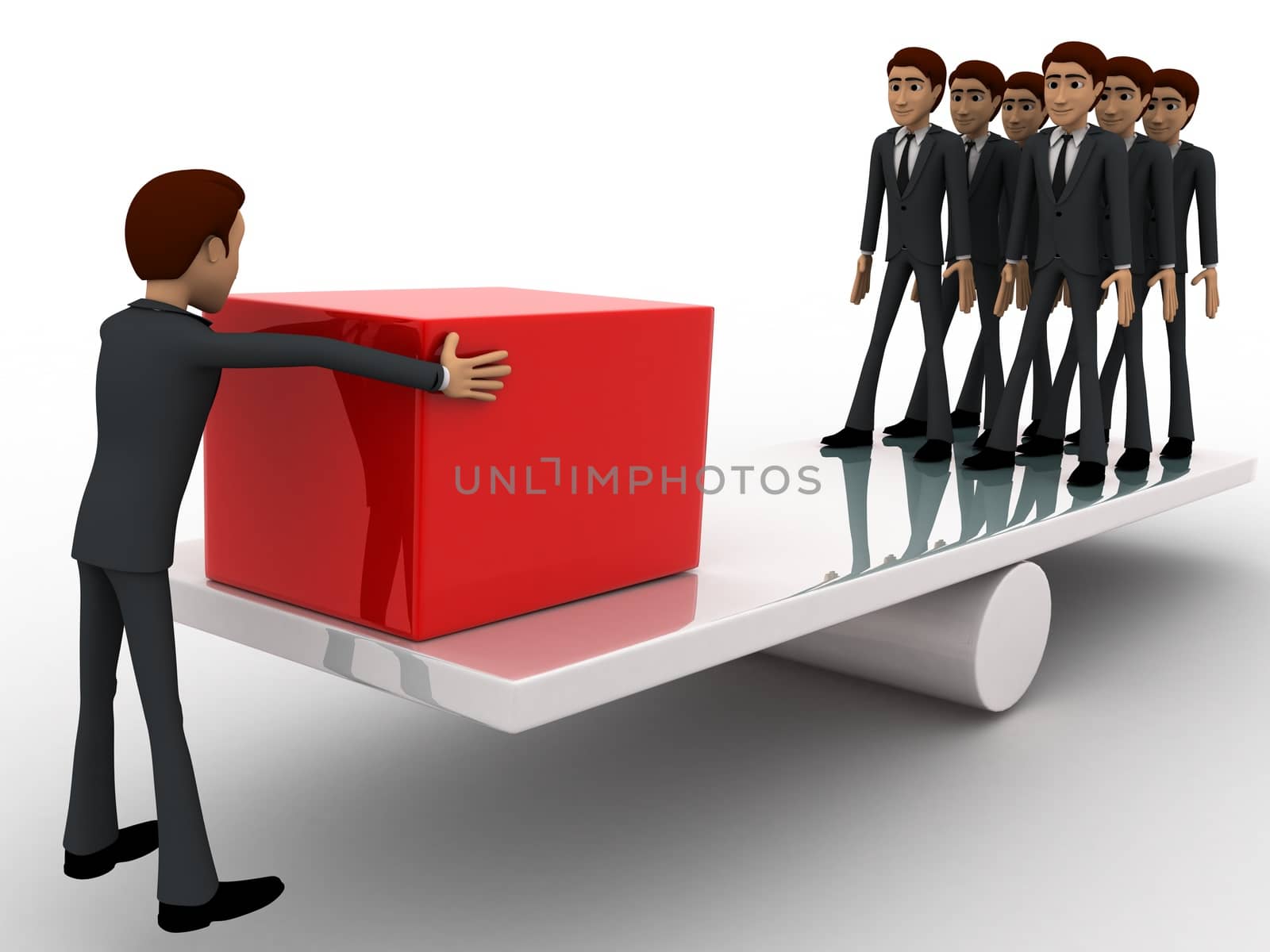 3d man balancing weight on seesaw concept on white background, side angle view