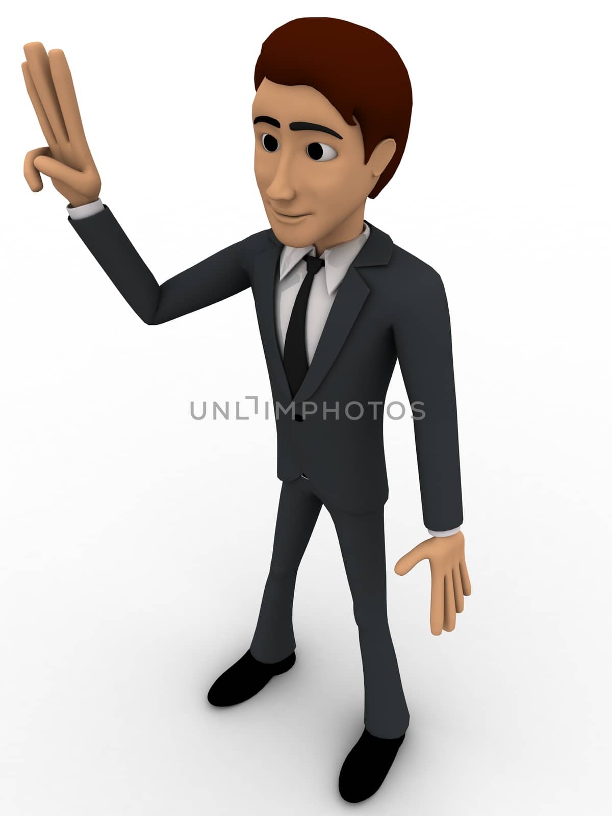 3d man showing three finguress to others concept on white background, side angle view