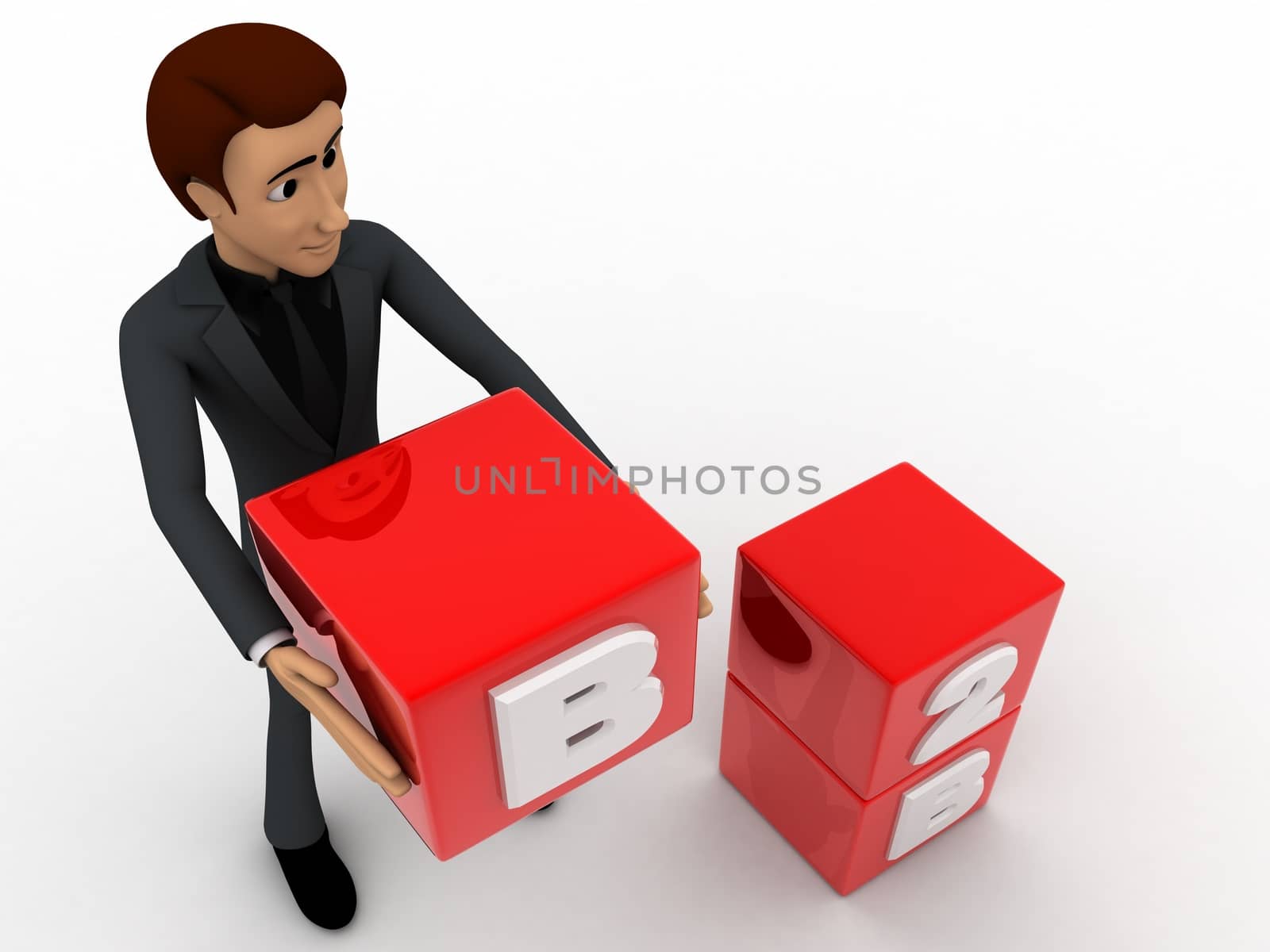 3d man with B2B with cubes concept on white background,  top angle view