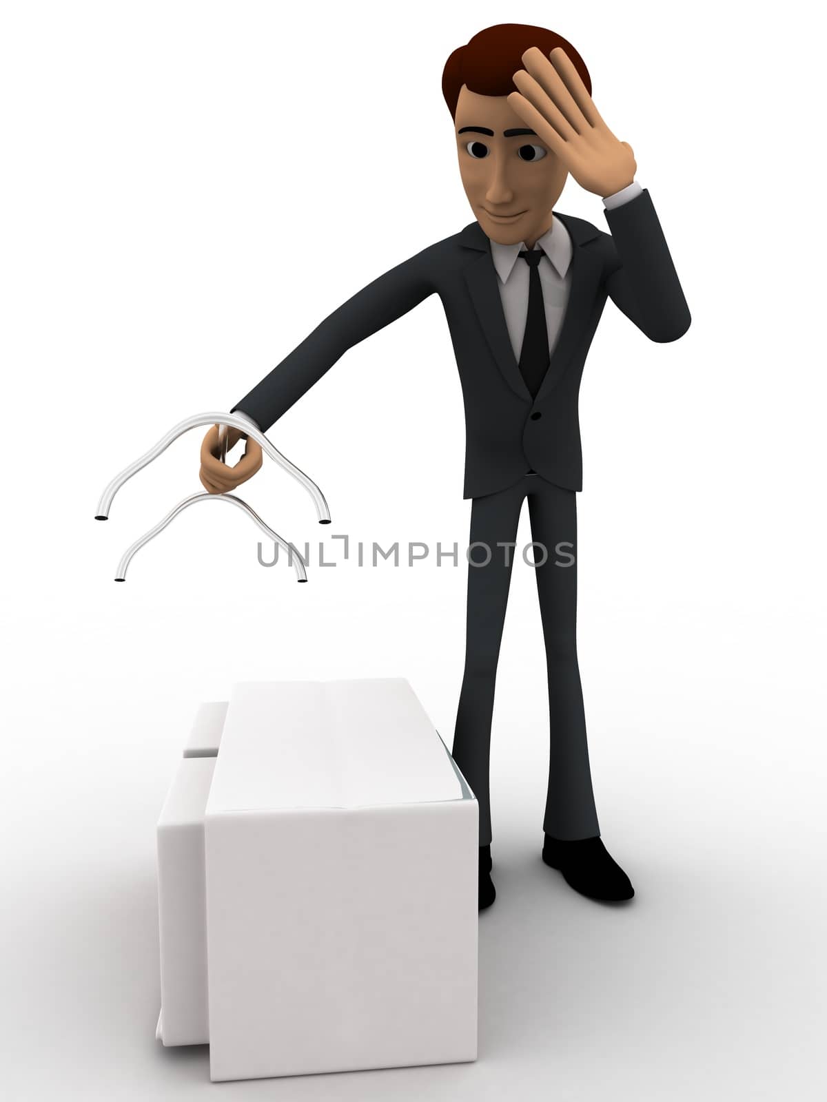 3d man worried about broken medical kit bag handle concept on white background,  side angle view