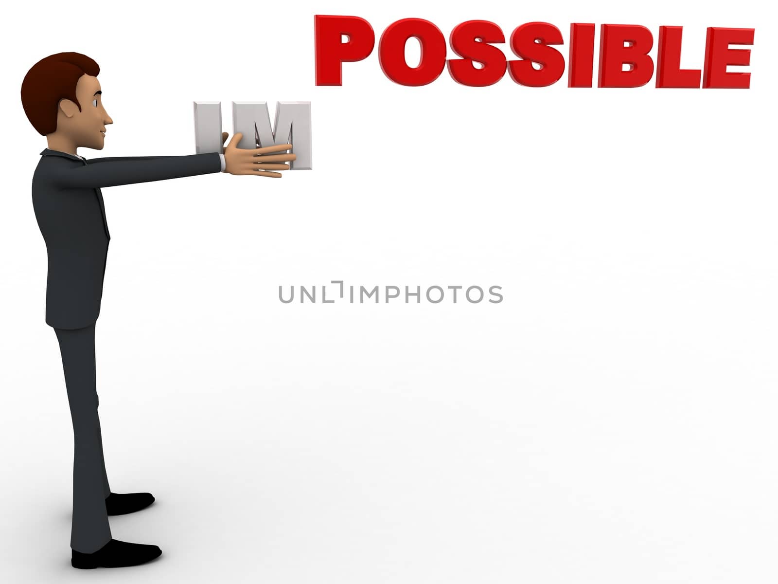 3d man taking im from impossilbe and making it possible concept on white background, front angle view