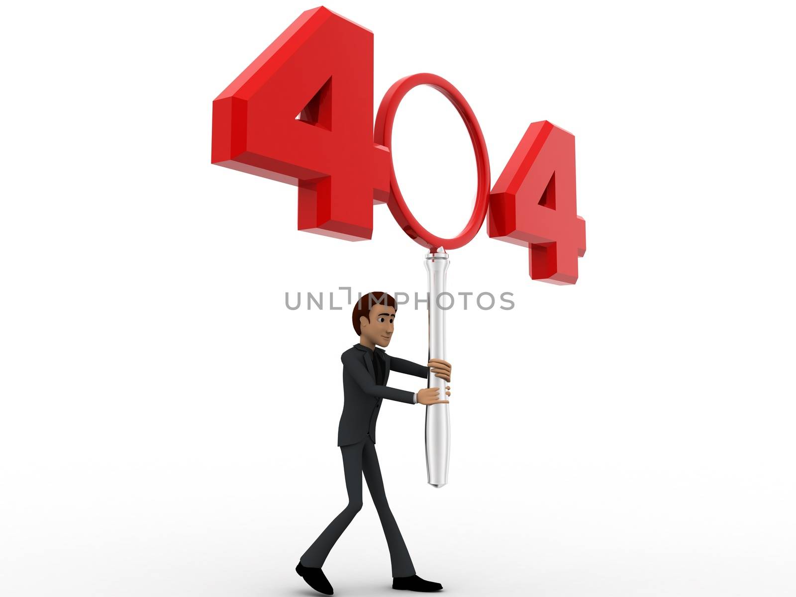 3d man man with 404 error number concept on white background, side angle view