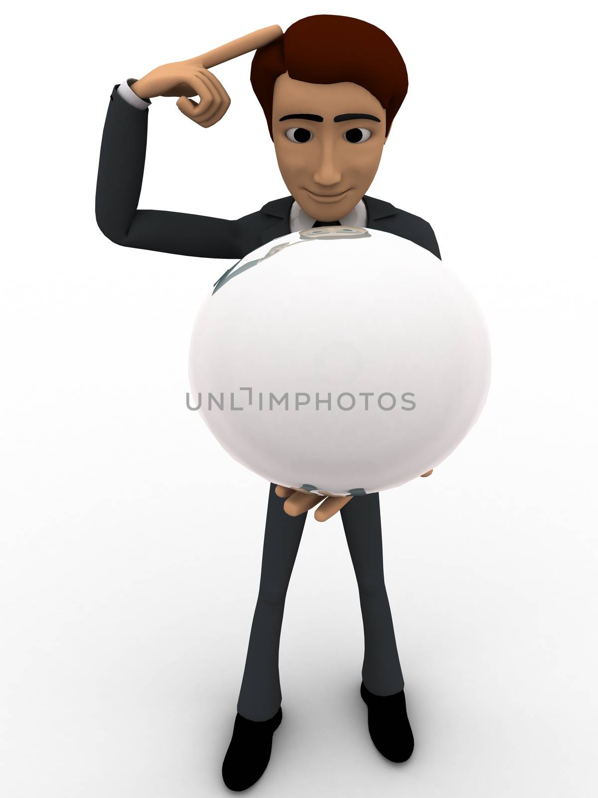 3d man sphere in hands and thinking about it concept on white background, front angle view