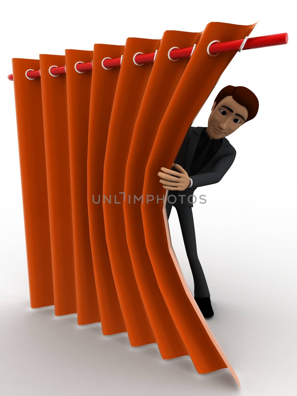 3d man sneeking from carten and hiding behind it concept on white background, front angle view