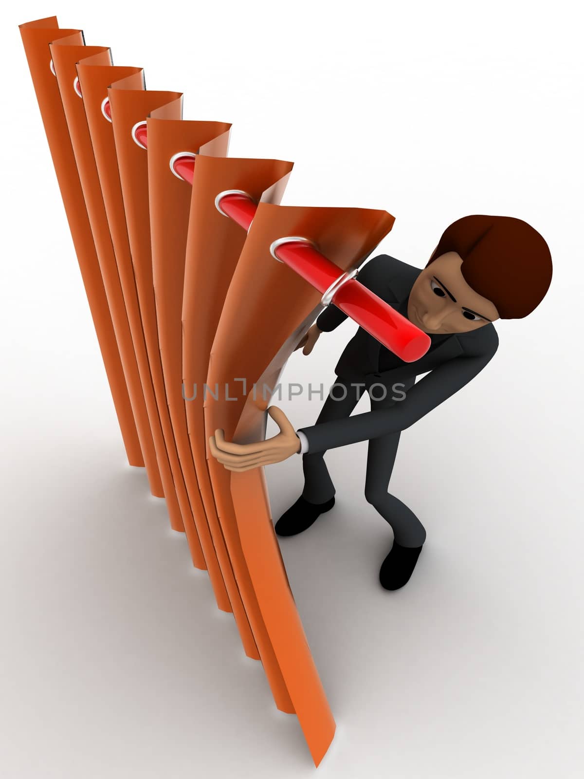 3d man sneeking from carten and hiding behind it concept on white background,top angle view