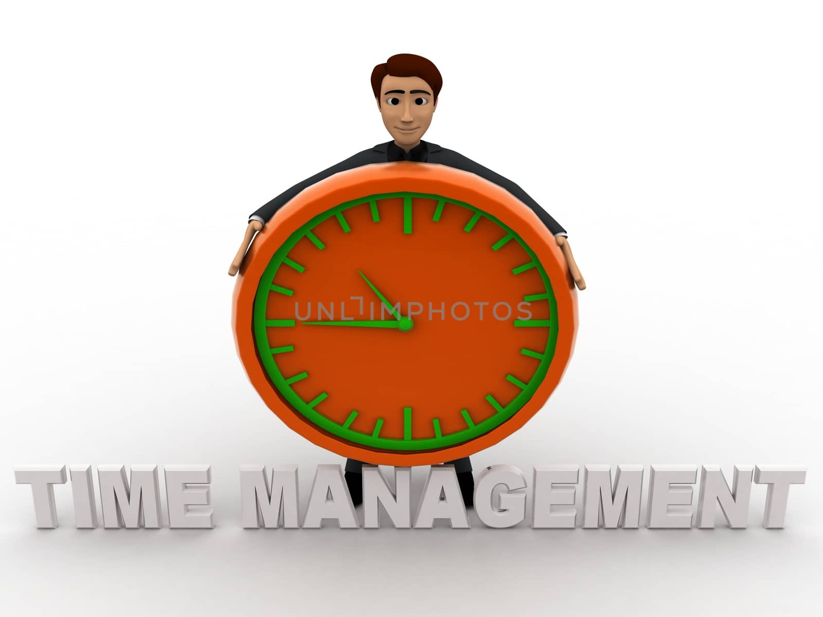 3d man with time management text and clock concept on white background, front angle view