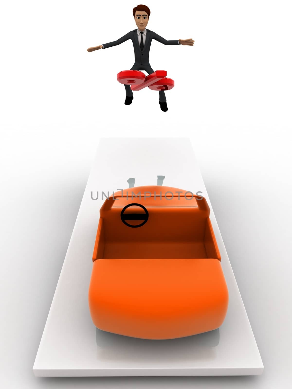 3d man jumping on seesaw with car and percentage symbol on it concept on white background, front angle view