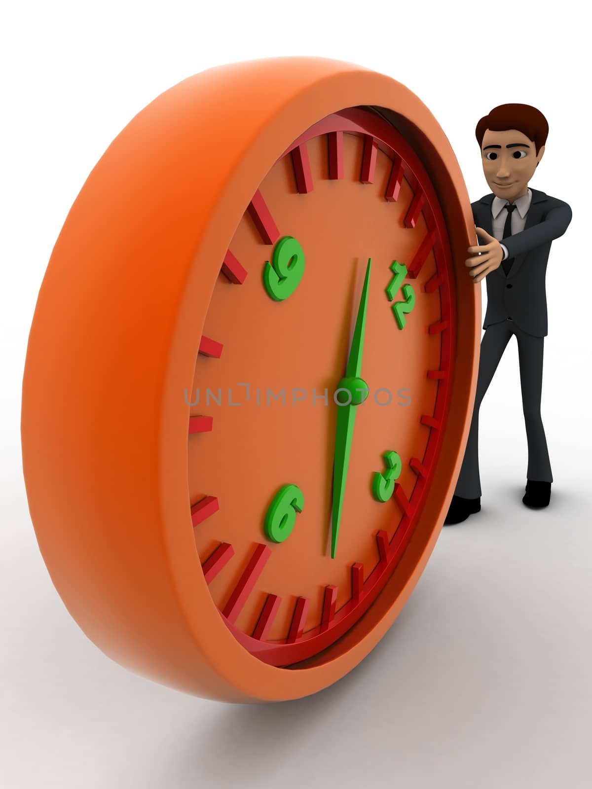 3d man pushing and rolling big clock concept on white background, side angle view