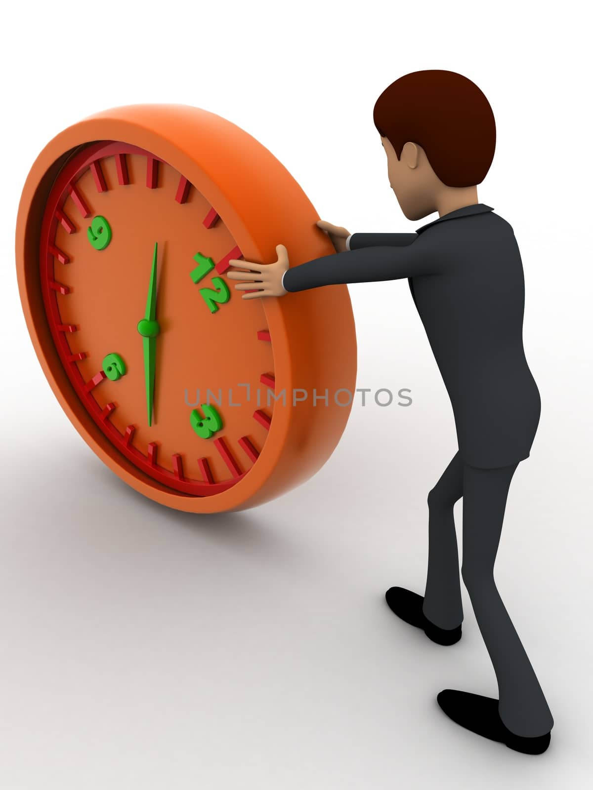3d man pushing and rolling big clock concept on white background, back angle view