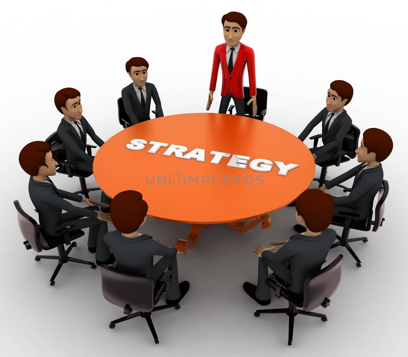 3d man leader of team discuss stratergy  with team menbers in meeting concept on white background, front angle view