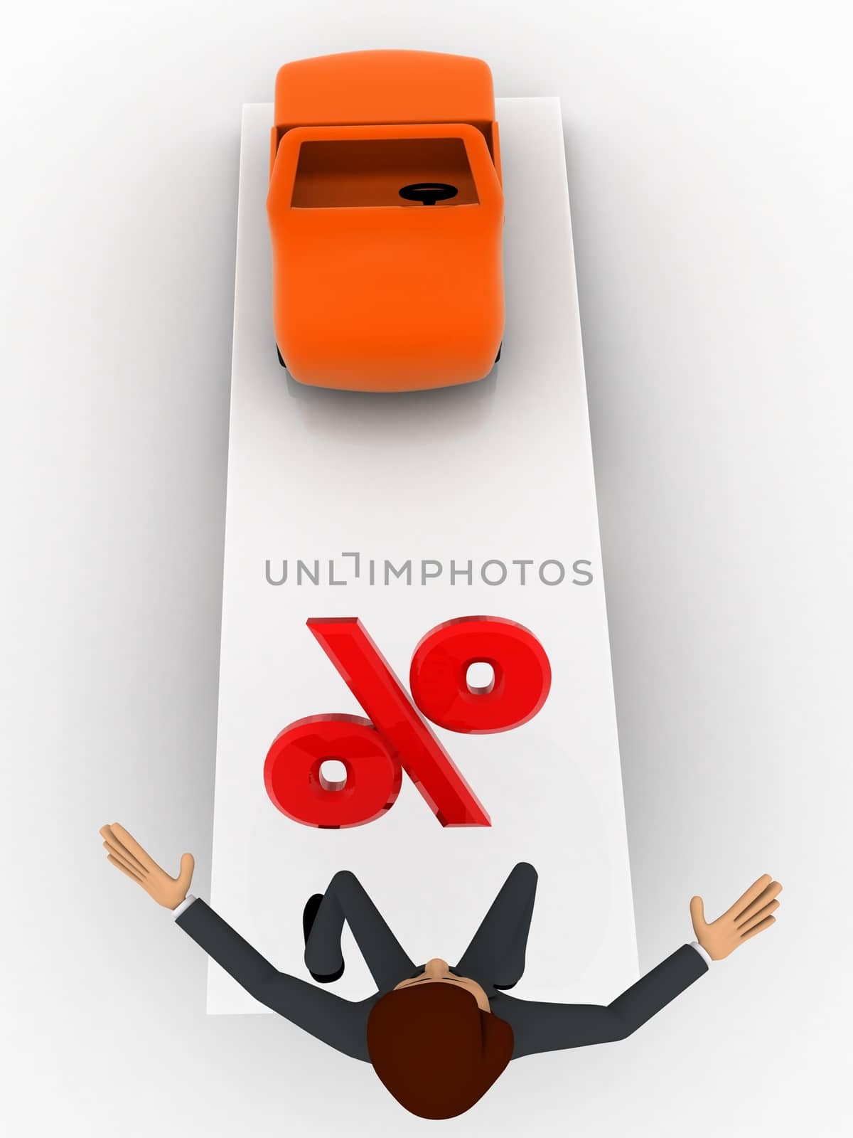 3d man jumping on seesaw with car and percentage symbol on it concept on white background,  top angle view