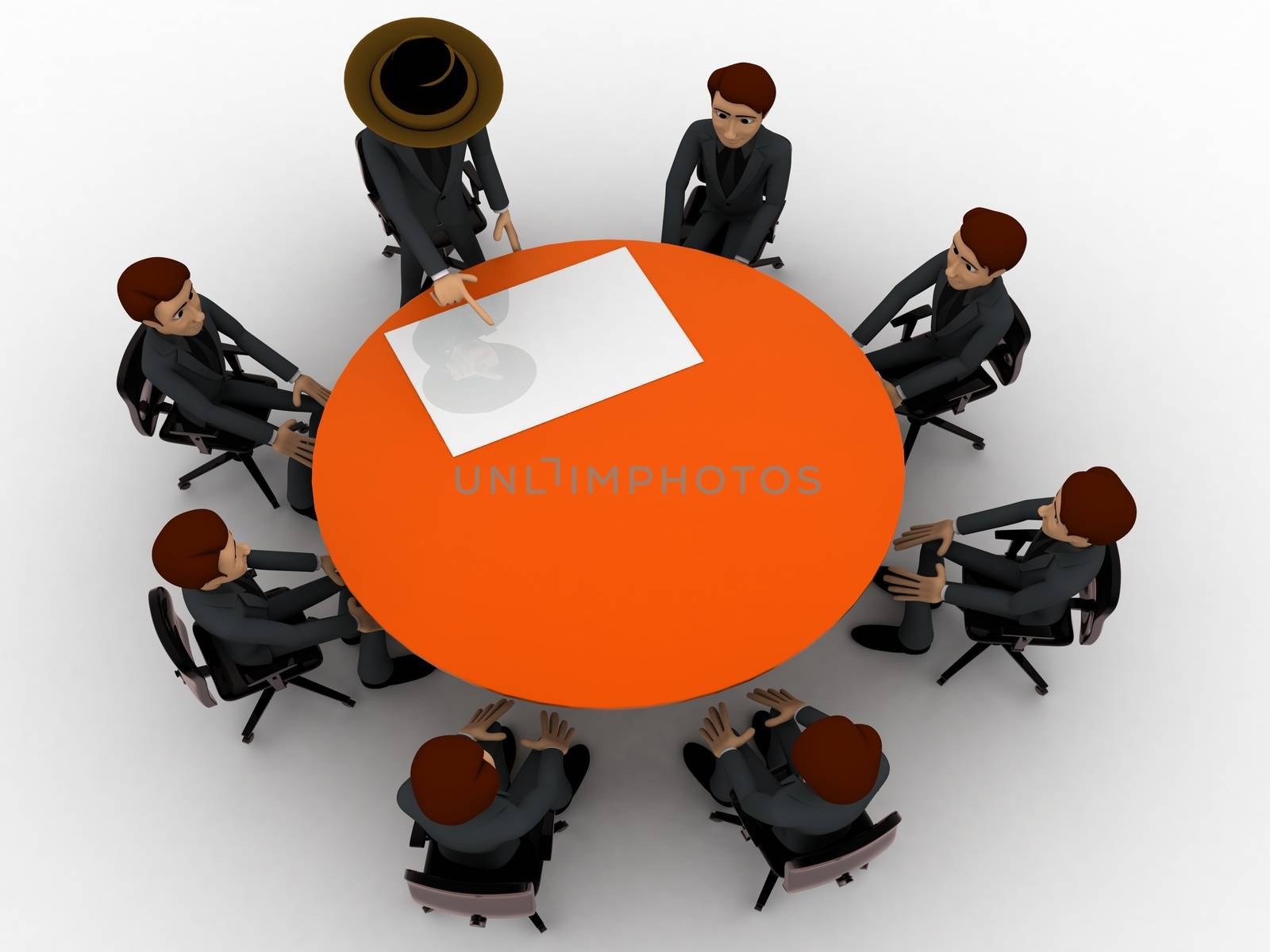 3d man giving presentation in business meeting in zorro constume concept on white background, top angle view
