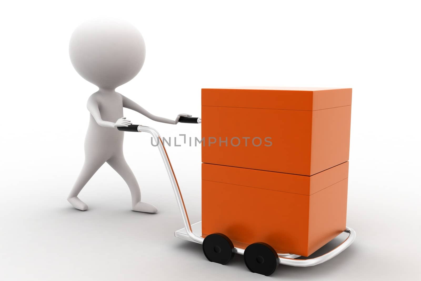 3d man carrying orange box with the help of trolly on white isolated background , side angle view 