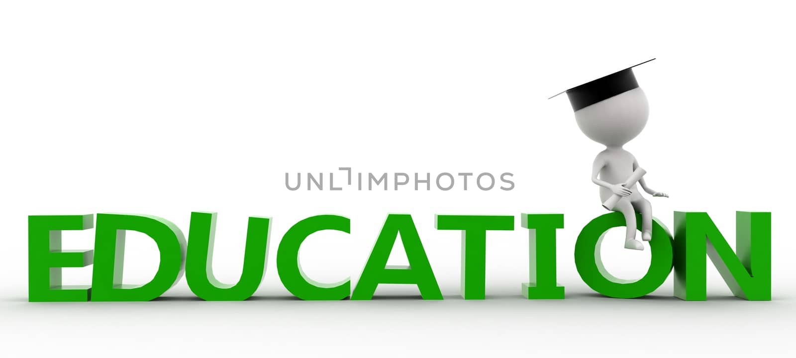 3d man sitting on education text concept on white isolated background , front angle view 