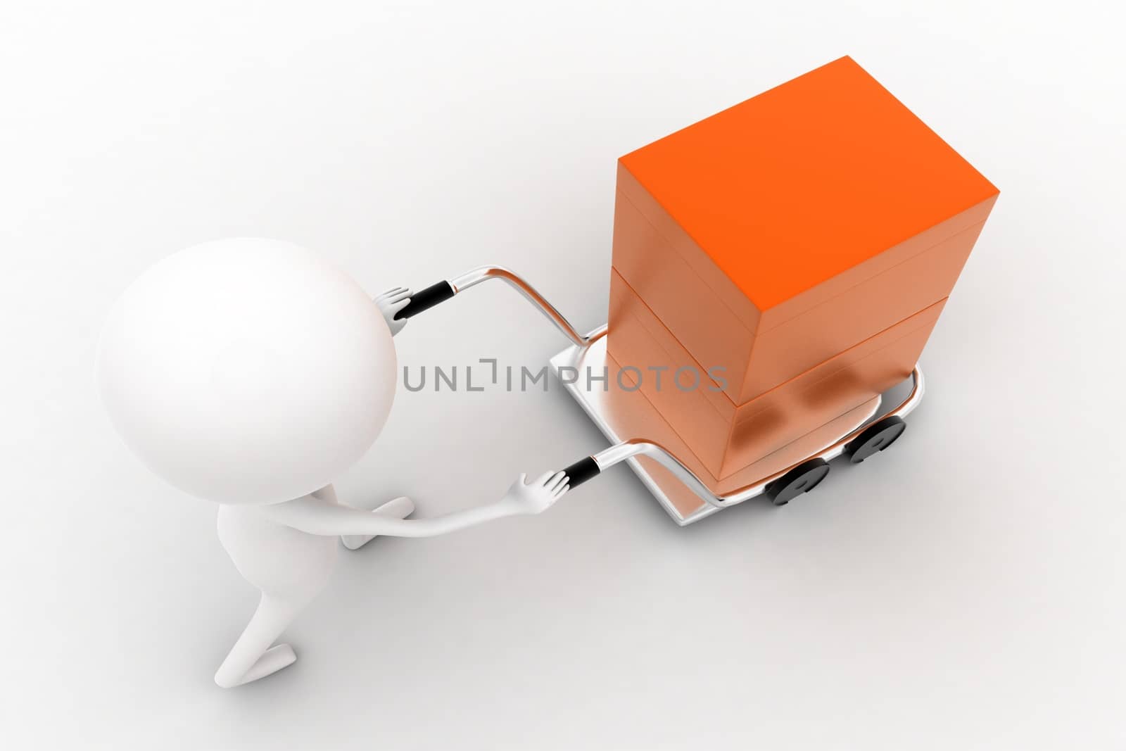 3d man carrying orange box with the help of trolly on white isolated background , top angle view 