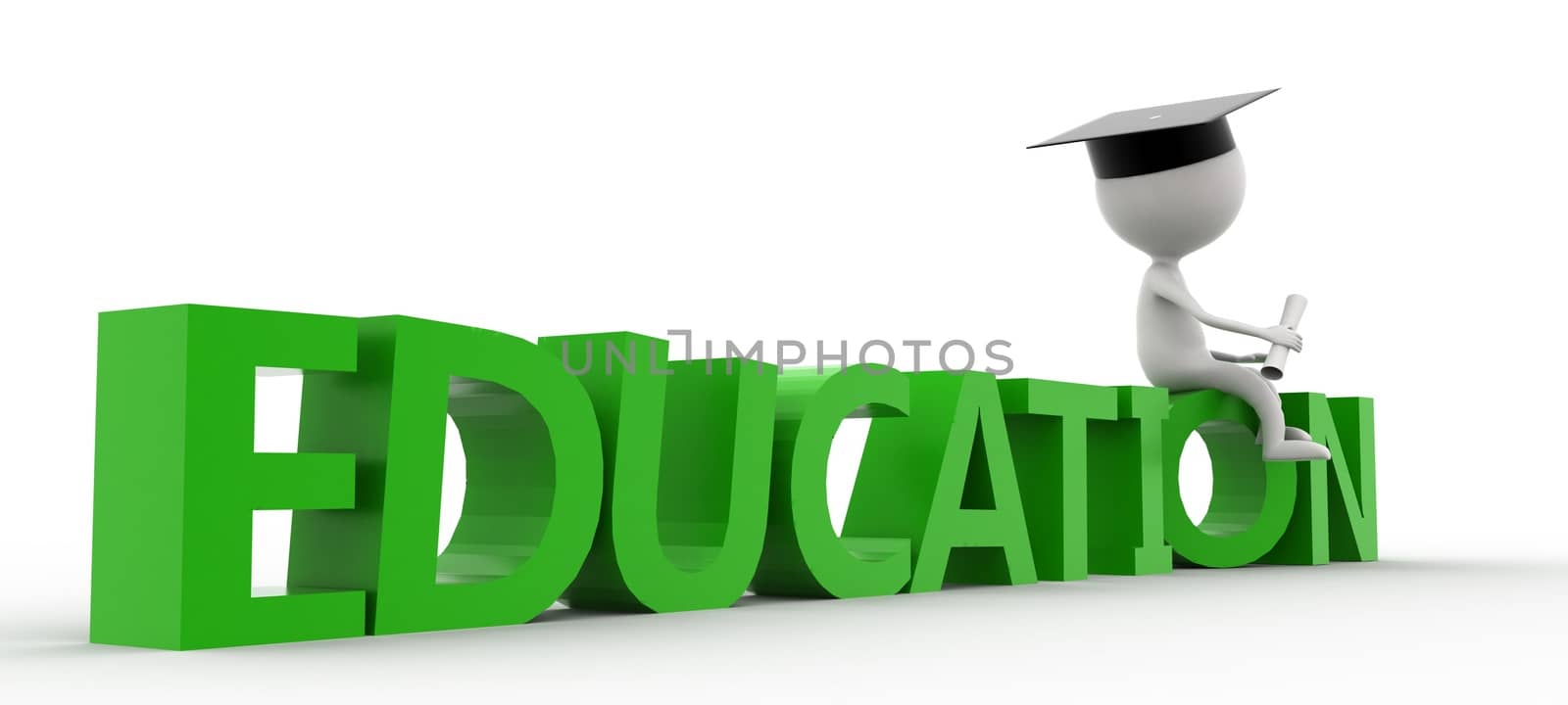 3d man sitting on education text concept on white isolated background , sidegle view 