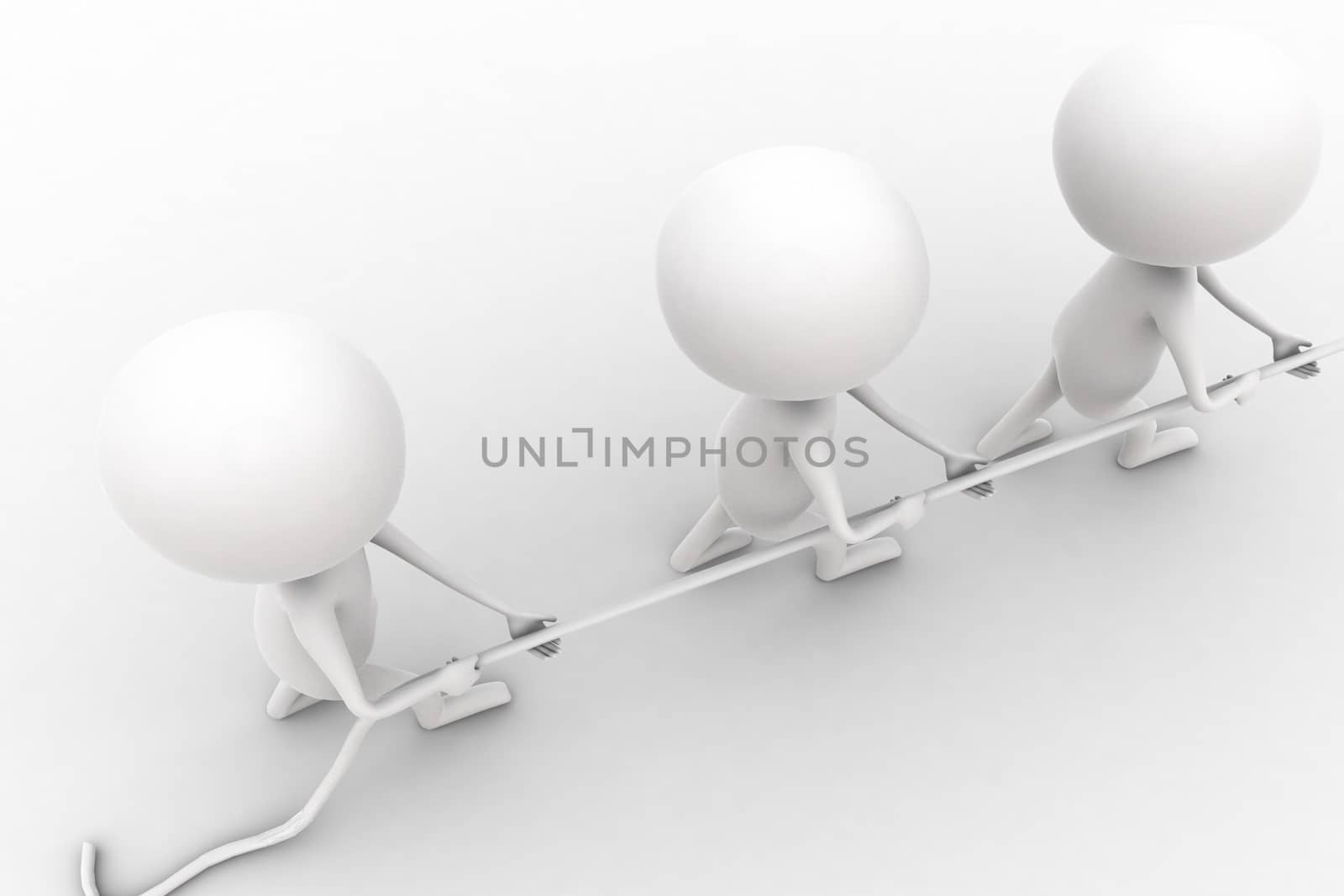 3d people pushing a rope concept on white isolated background , top angle view 