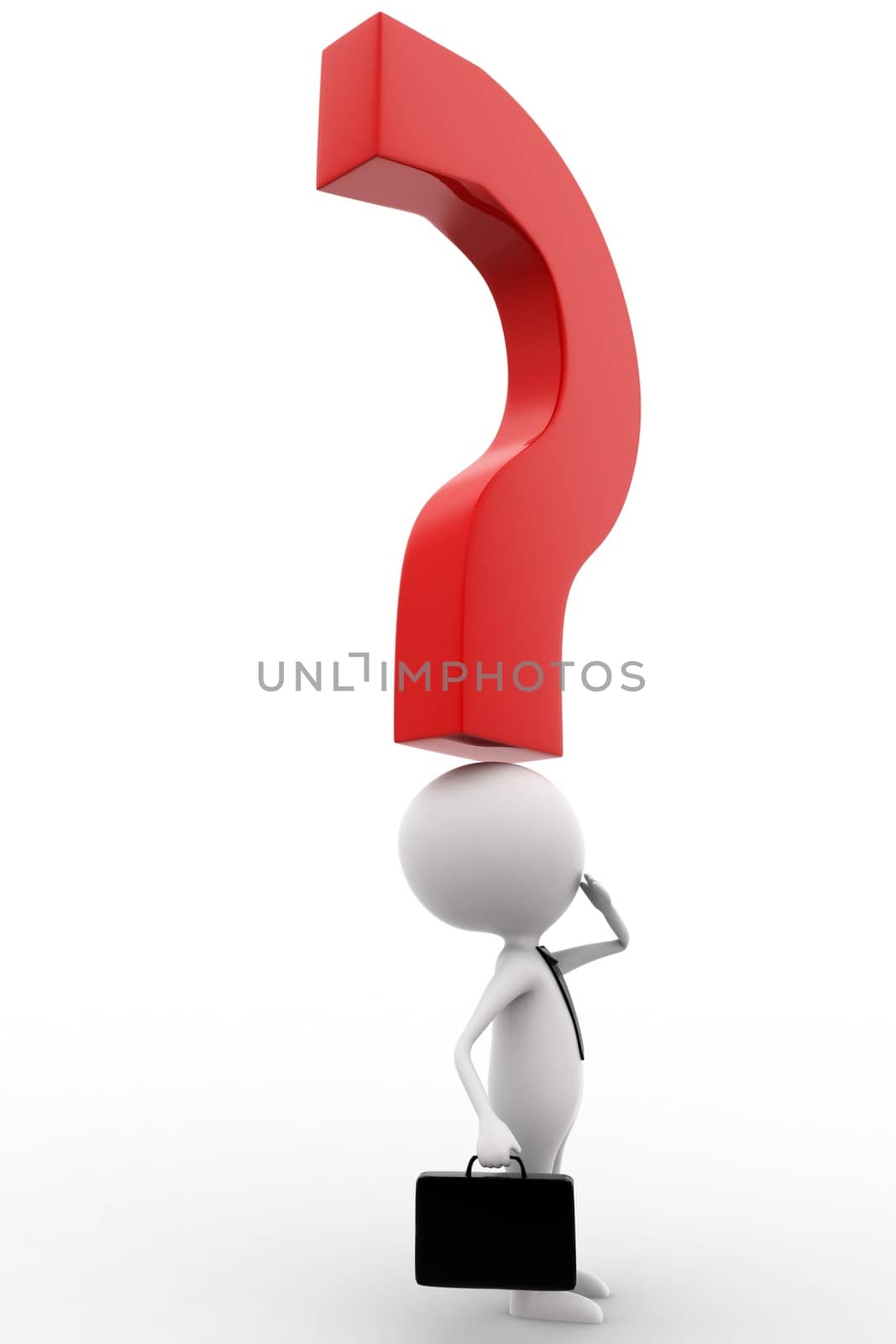 3d man with question mark over his head concept on white isolated background , side angle view 