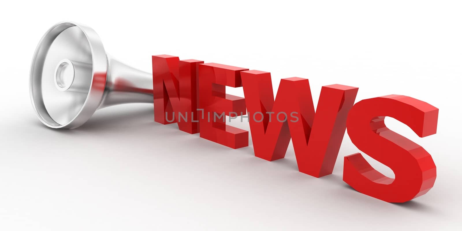 3d news text / megaphone near by concept on white isolated background , side angle view 