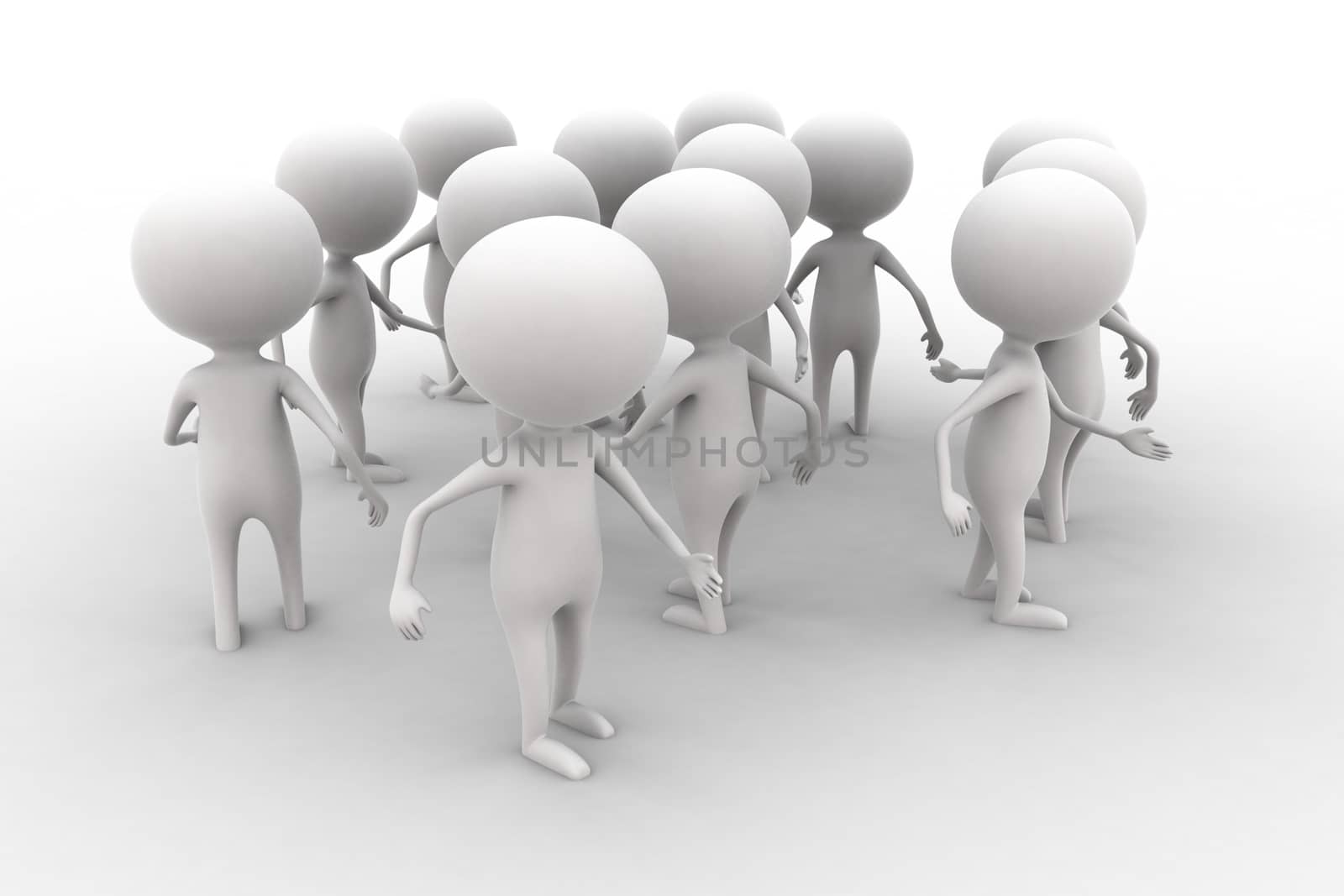 3d person crowd gathering concept  on white isolated background ,  front  view 