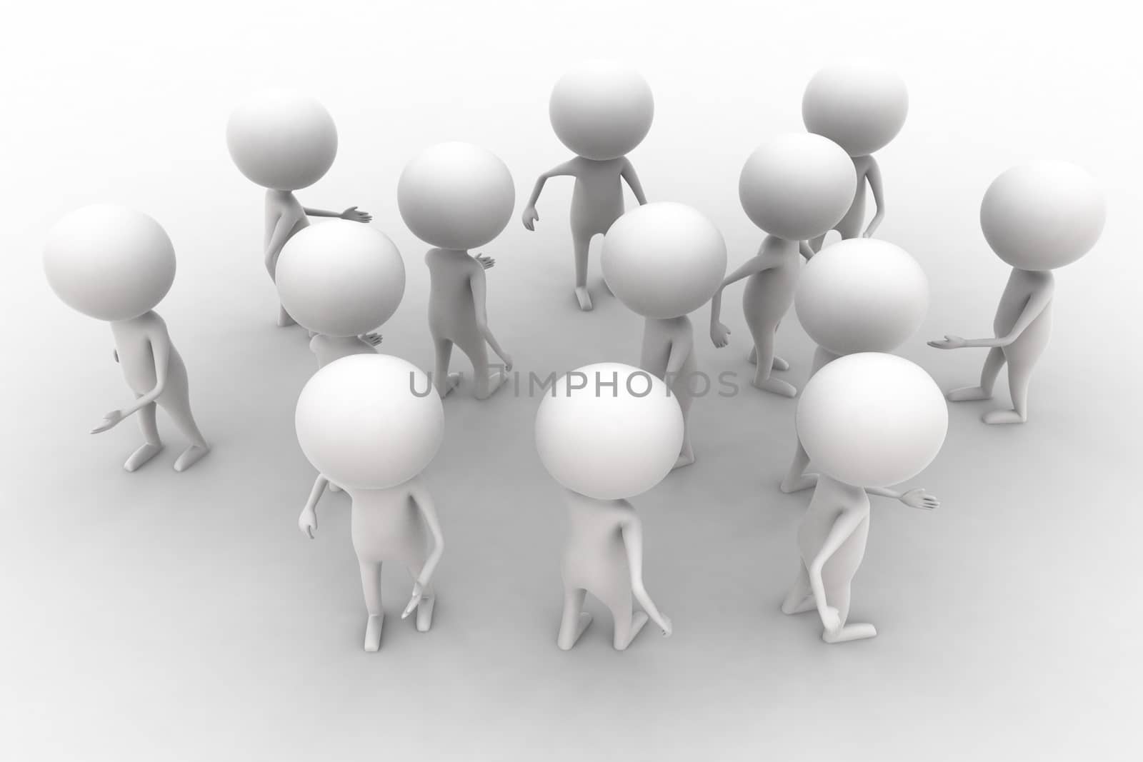 3d person crowd gathering concept  on white isolated background , top angle view 