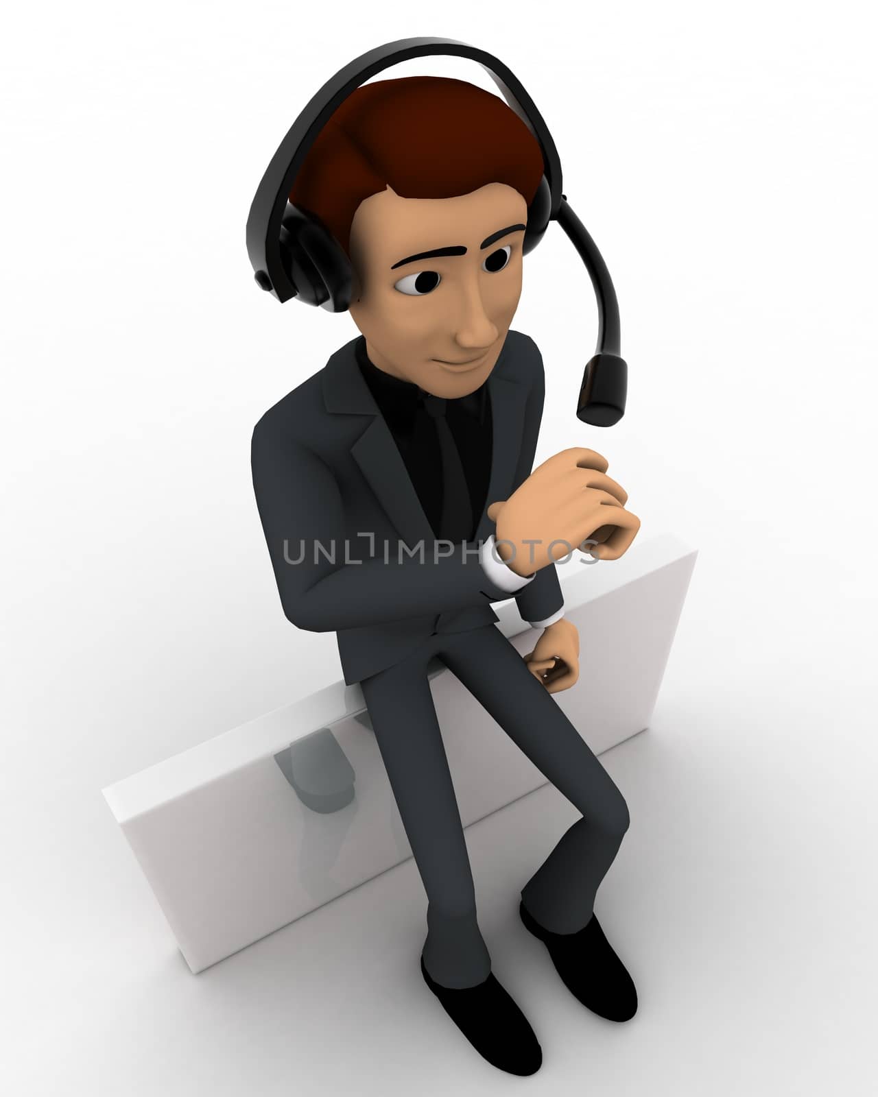 3d man wear headphone and sitting concept on white background, top angle view