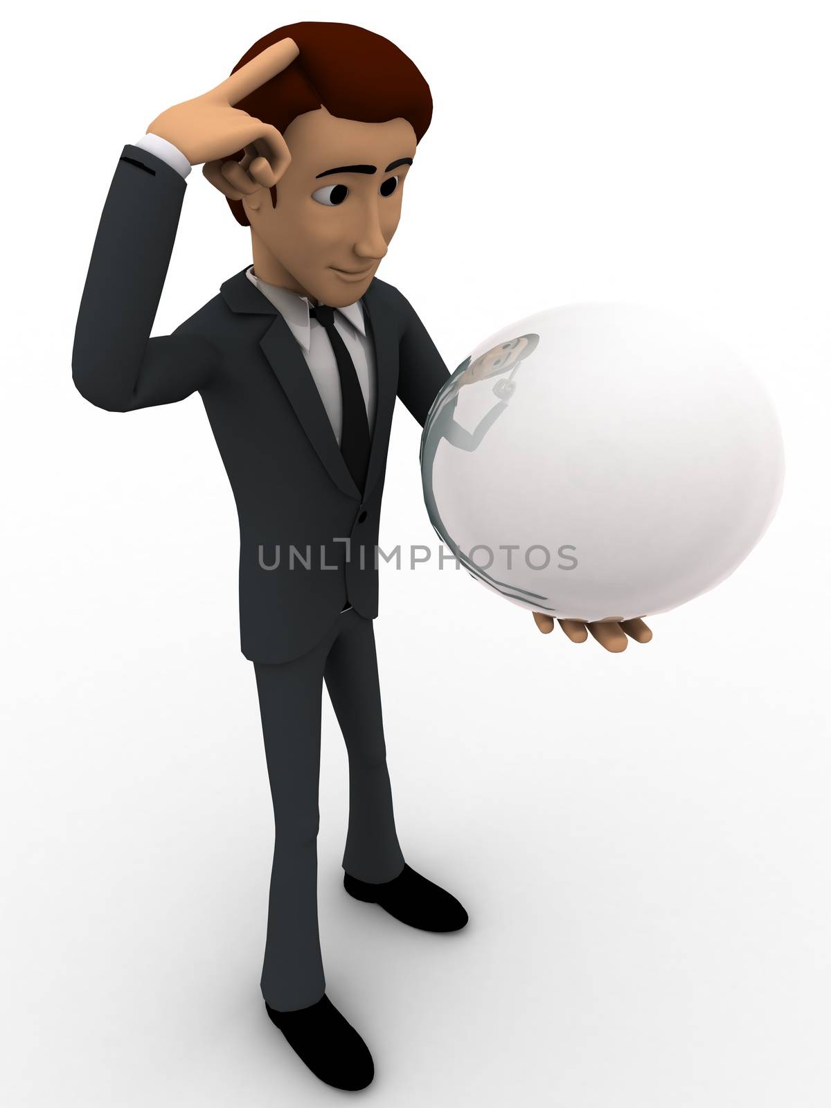 3d man sphere in hands and thinking about it concept on white background, side angle view