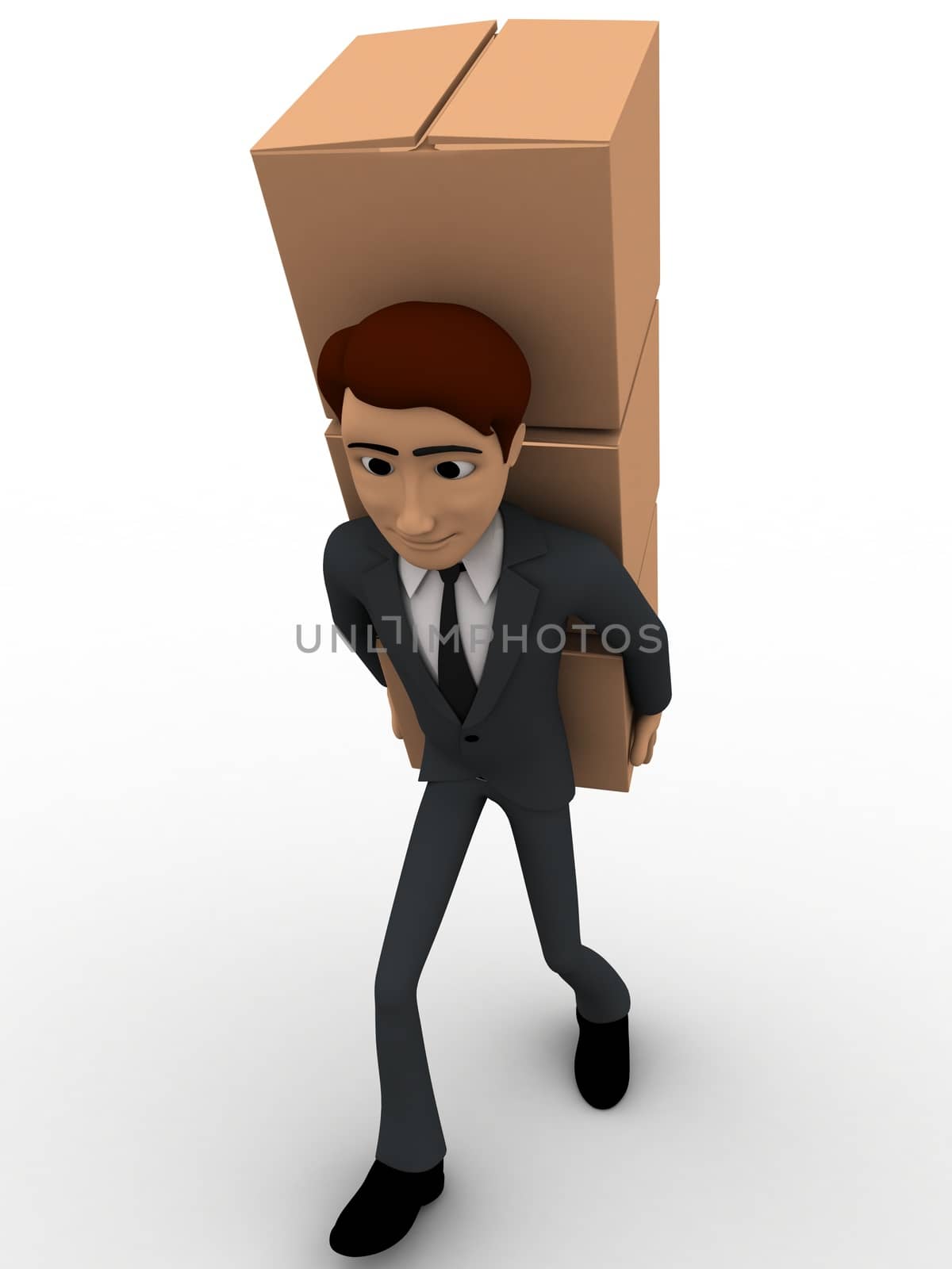 3d man carry boxes on back concept on white background, front angle view