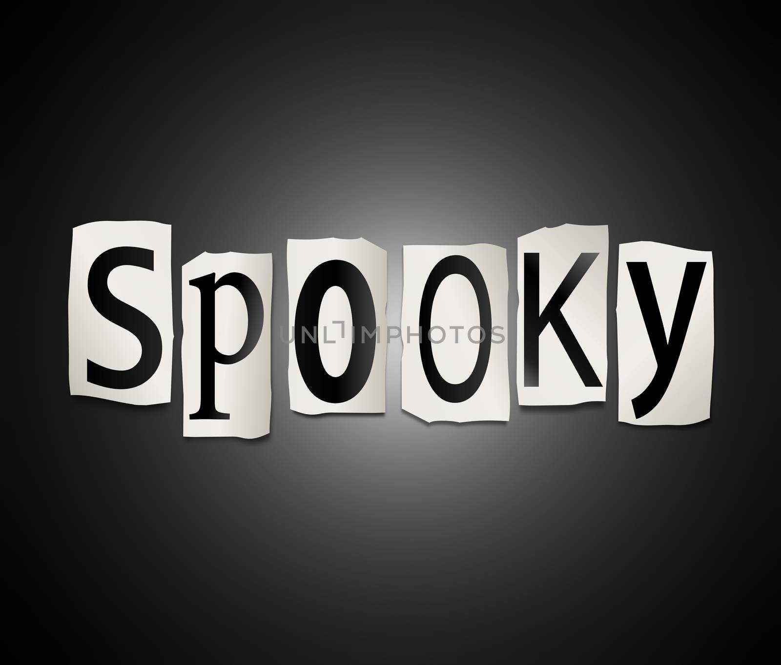 Illustration depicting a set of cut out printed letters arranged to form the word spooky.