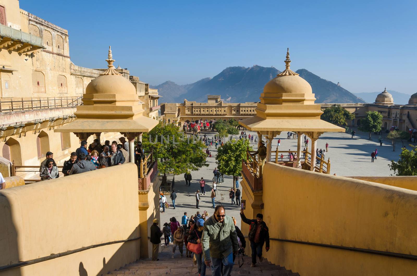 Jaipur, India - December 29, 2014: Tourists visit Amber Fort in Jaipur, Rajasthan, India on December29, 2014. The Fort was built by Raja Man Singh I.
