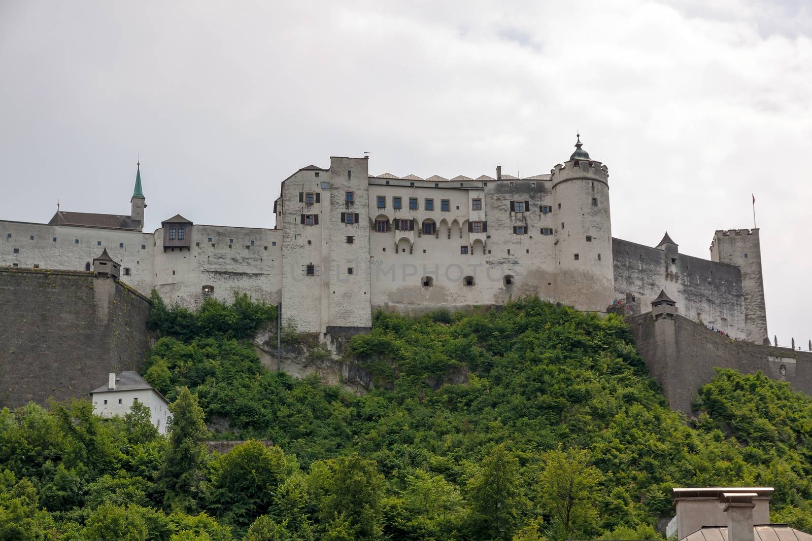 View of Hohensalzburg, Salzburg: Castle (Festung Hohensalzburg) - one of largest medieval castles in Europe, Salzburger Land, Austria.