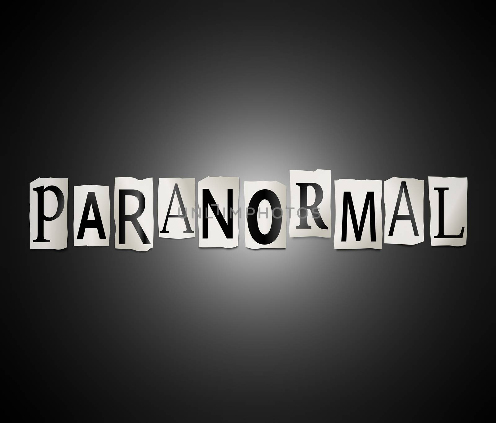 Illustration depicting a set of cut out printed letters arranged to form the word paranormal.