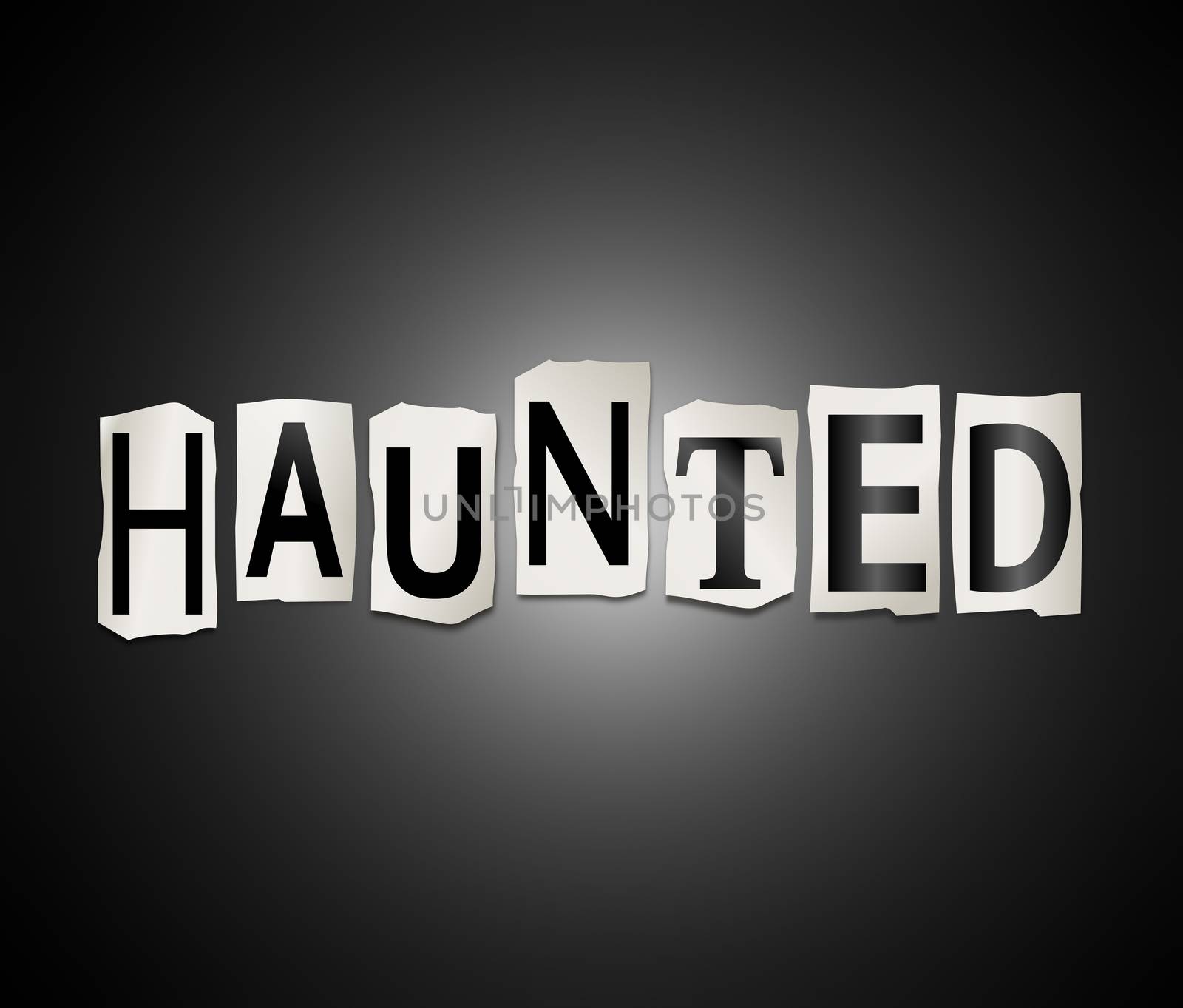 Illustration depicting a set of cut out printed letters arranged to form the word haunted.