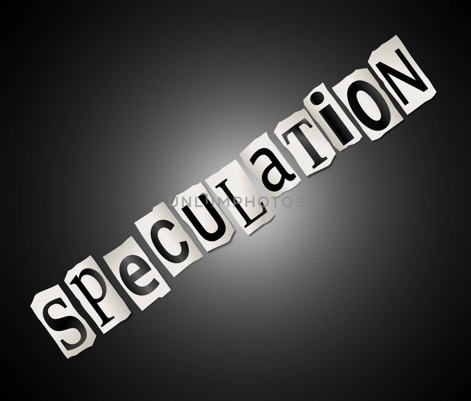 Illustration depicting a set of cut out printed letters arranged to form the word speculation.