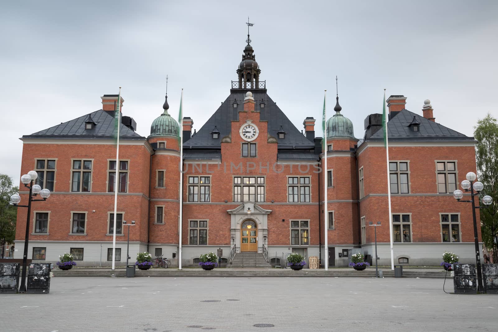 The Town House in Umea, Sweden with clouds in the background.