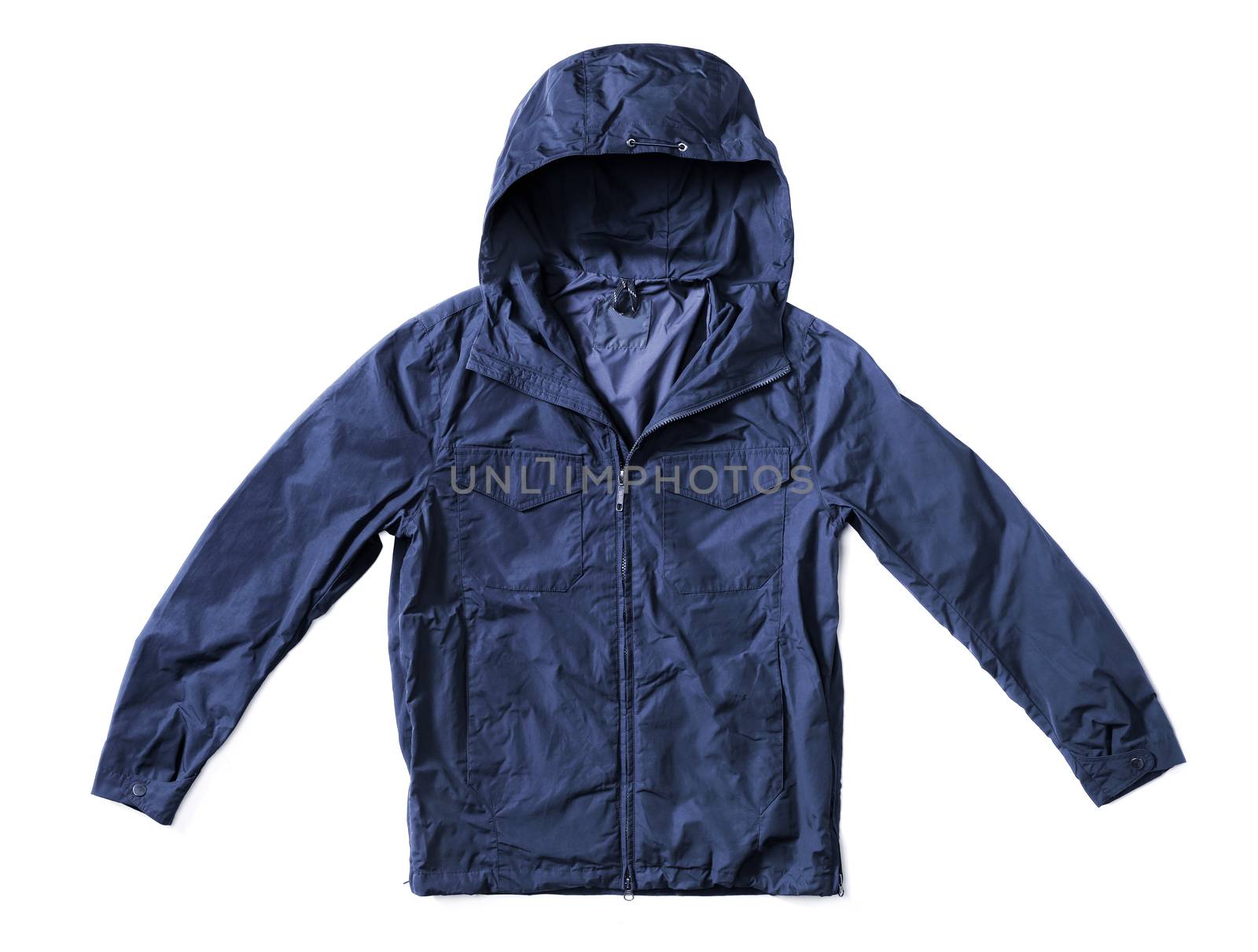 Men's dark blue hooded windproof jacket isolated on white with natural shadows.