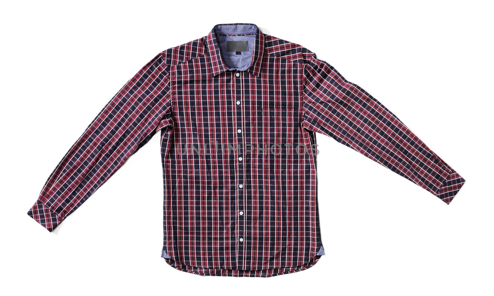 Men's red and black plaid shirt isolated on white with natural shadows.